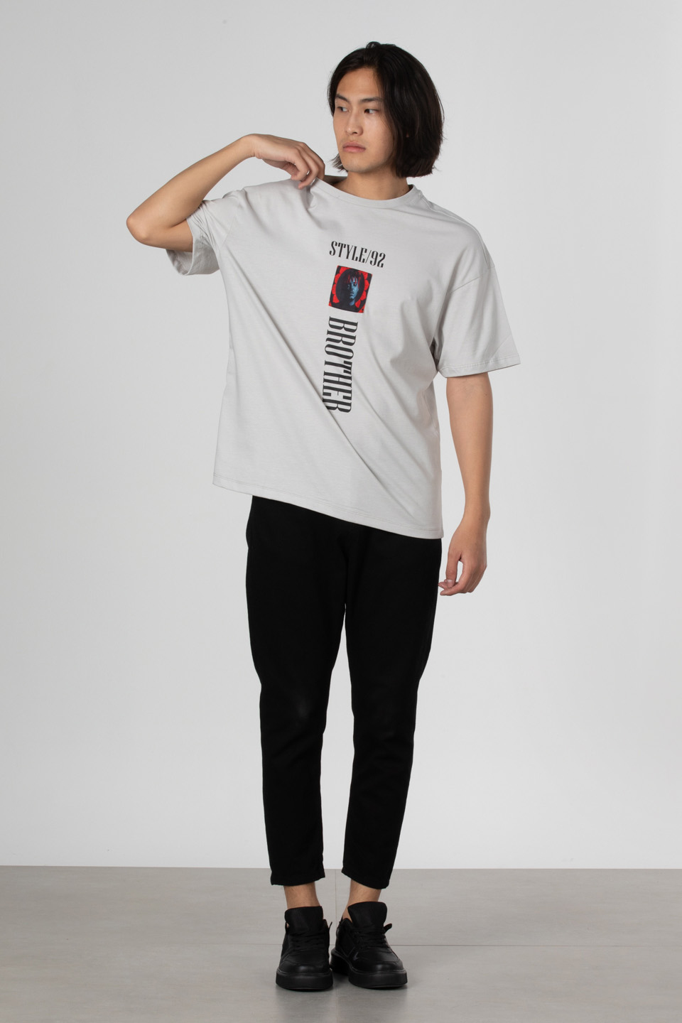 Stlye baskılı oversize t-shirt-1031 Boyalı Gri