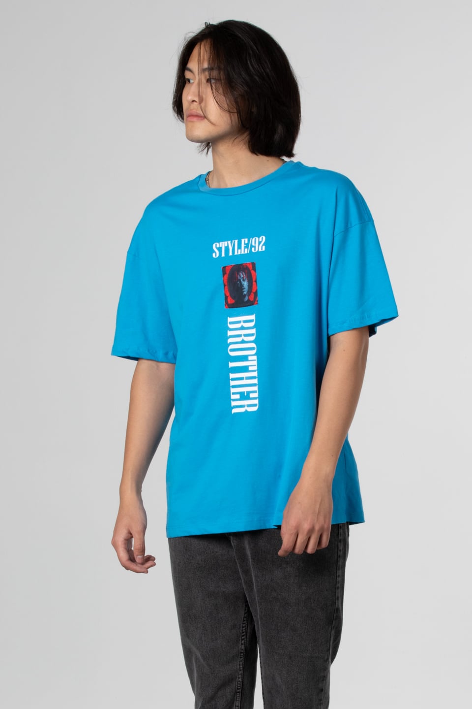 Stlye baskılı oversize t-shirt-1031 Mavi