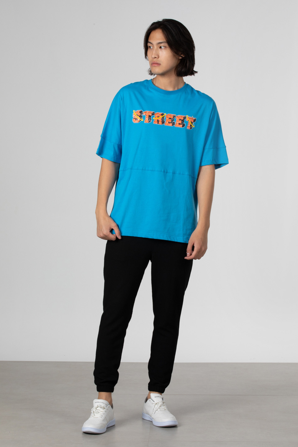 Street ön arka yazı baskılı t-shirt-1007 Mavi