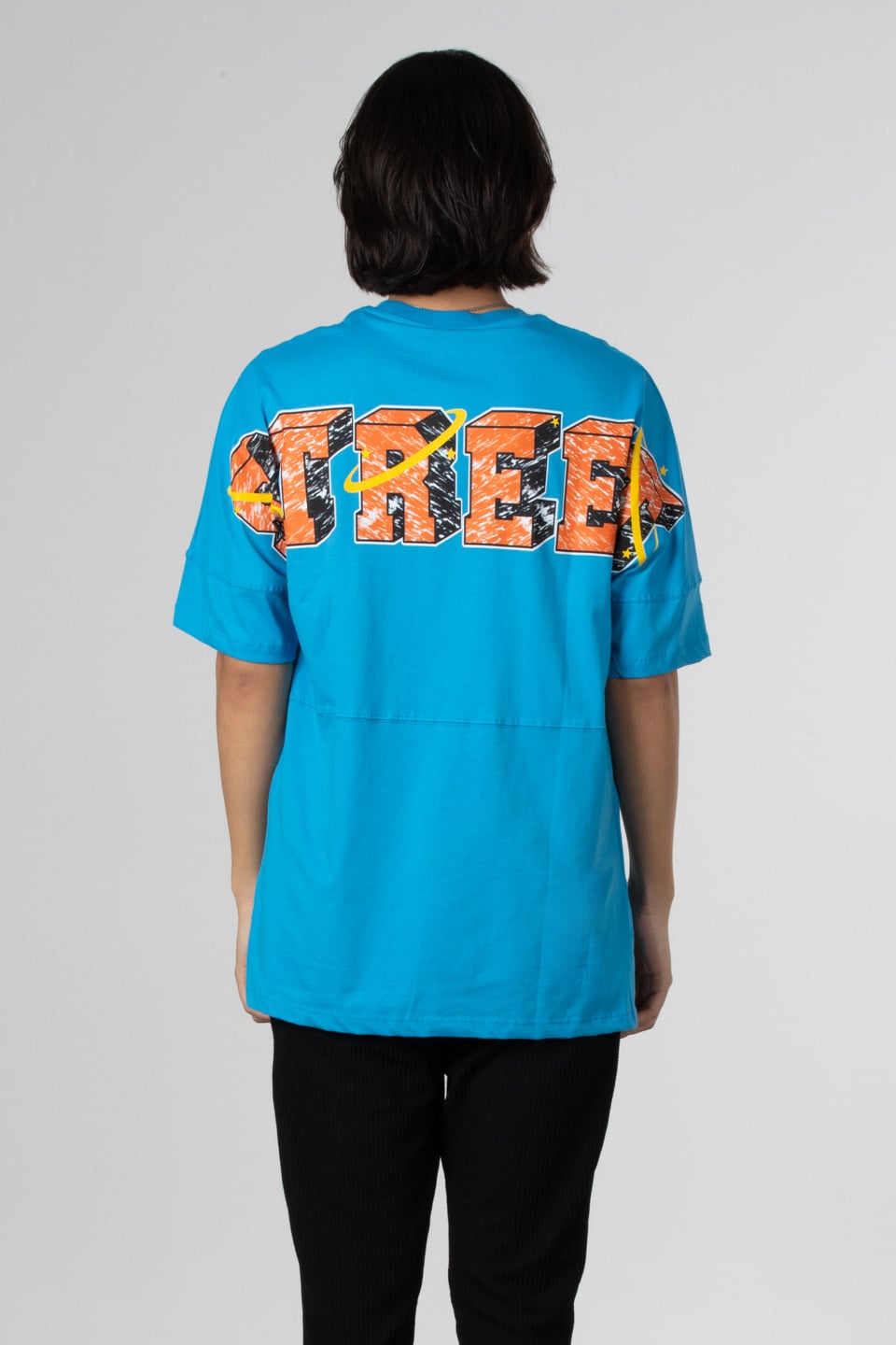 Street ön arka yazı baskılı t-shirt-1007 Mavi