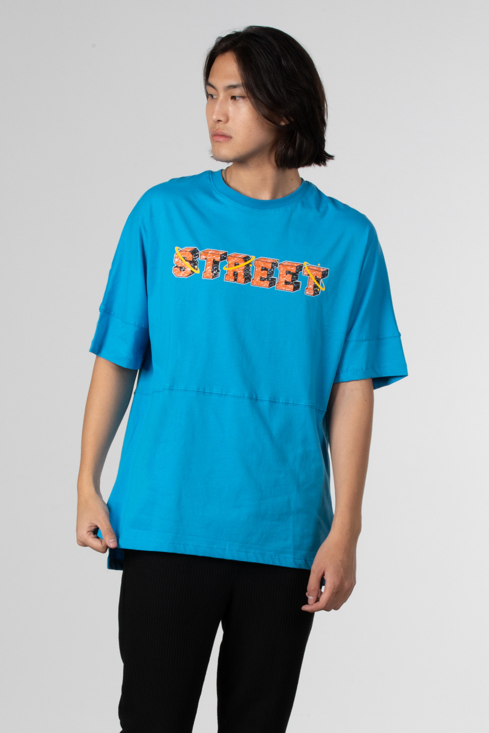 Street ön arka yazı baskılı t-shirt-1007 Mavi