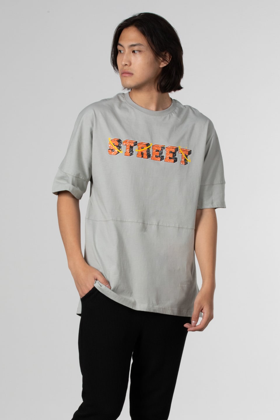 Street ön arka yazı baskılı t-shirt-1007 Gri