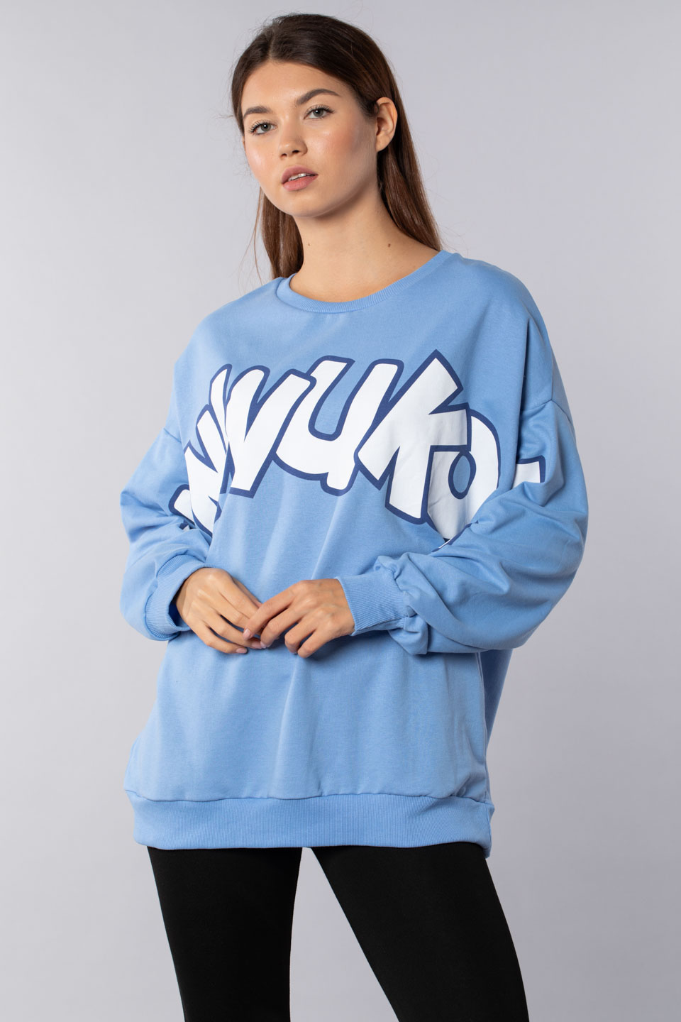Sunwukong yazı baskılı sweatshirt-9657 Mavi