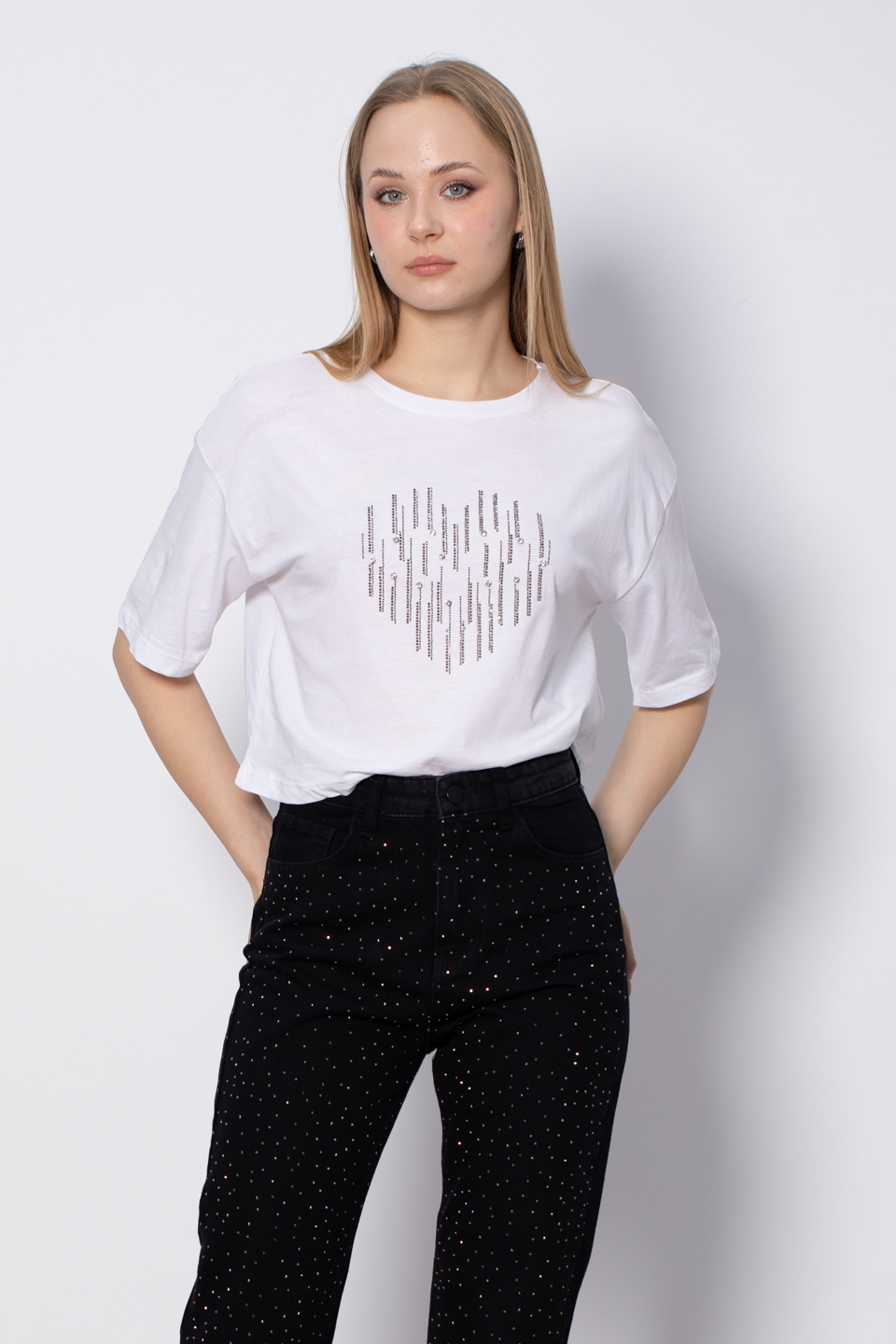 Taş Baskılı T-Shirt - Beyaz