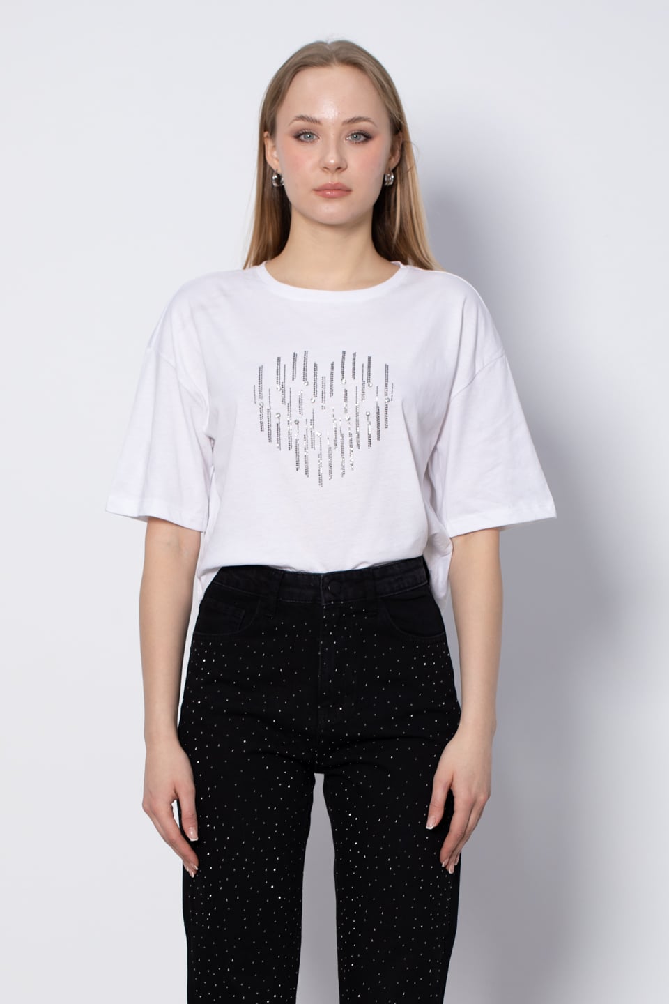 Taş Baskılı T-Shirt - Beyaz