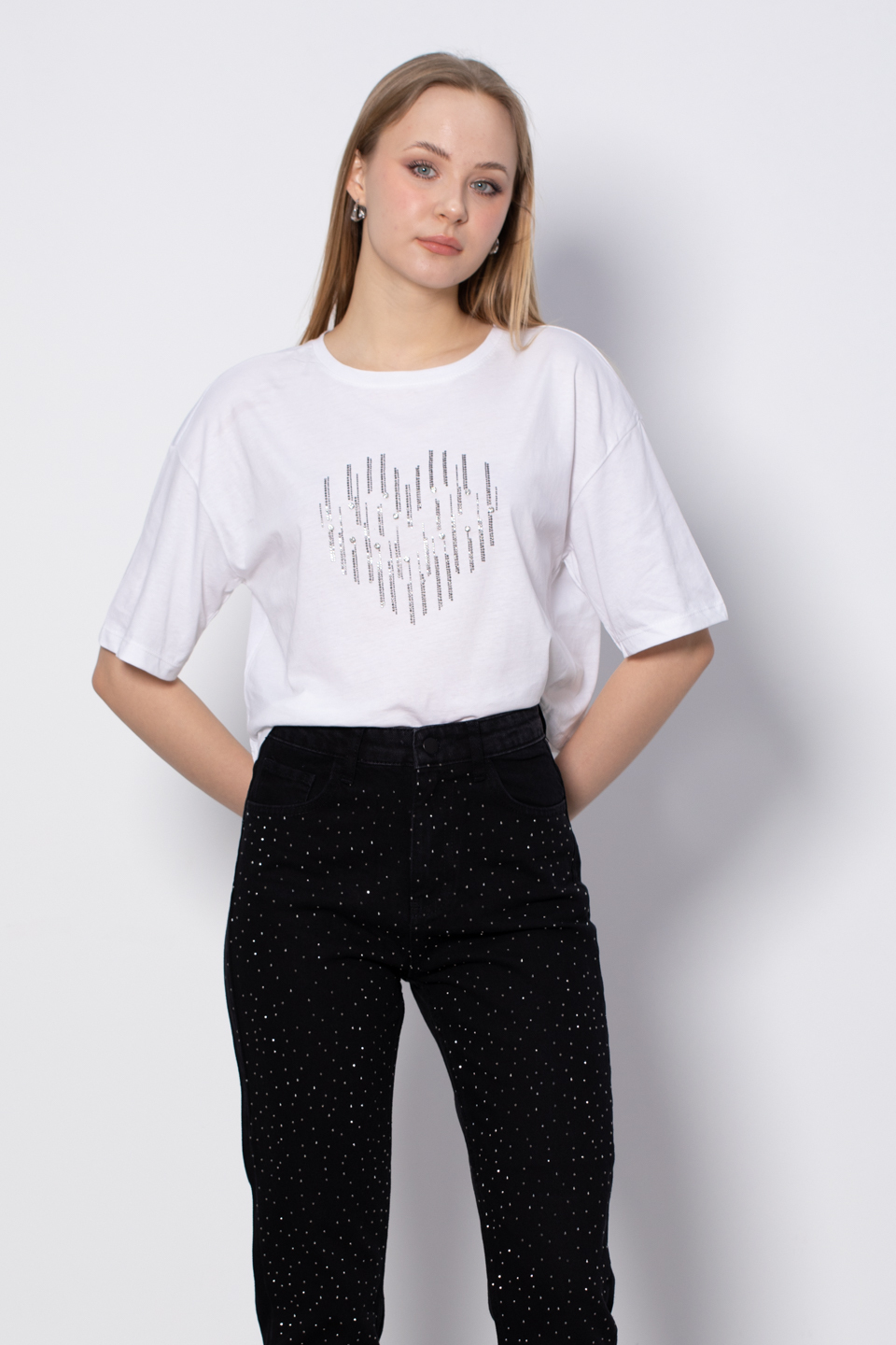 Taş Baskılı T-Shirt - Beyaz
