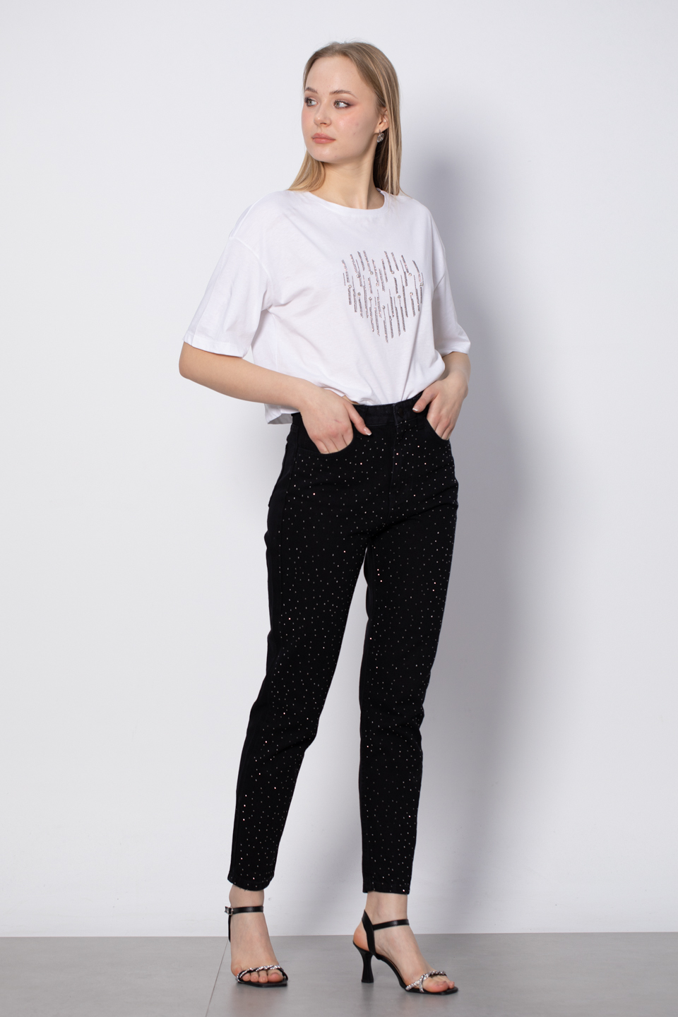 Taş Baskılı T-Shirt - Beyaz