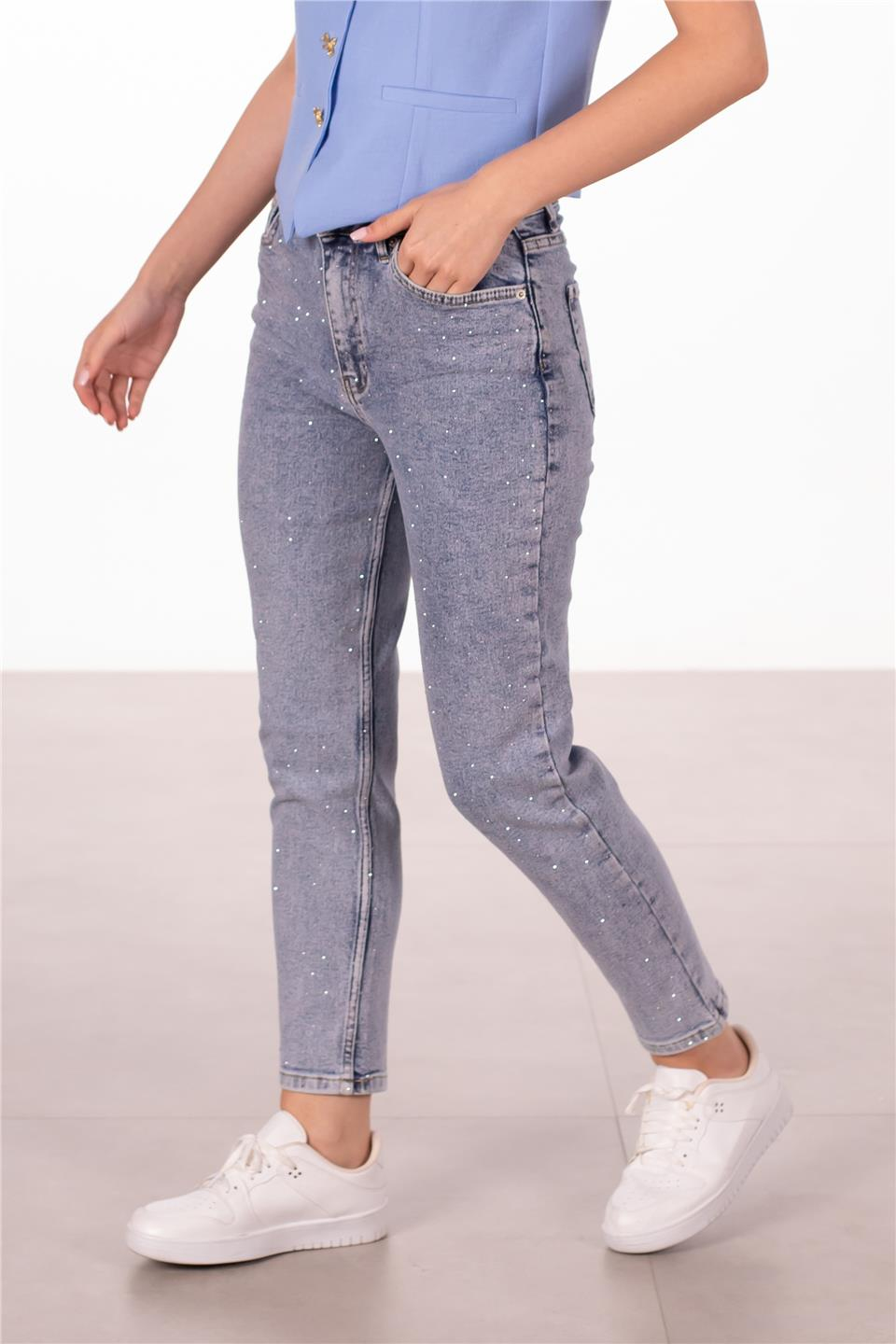Taşlı likralı mom jean pantolon-5000 Mavi Kar Y.