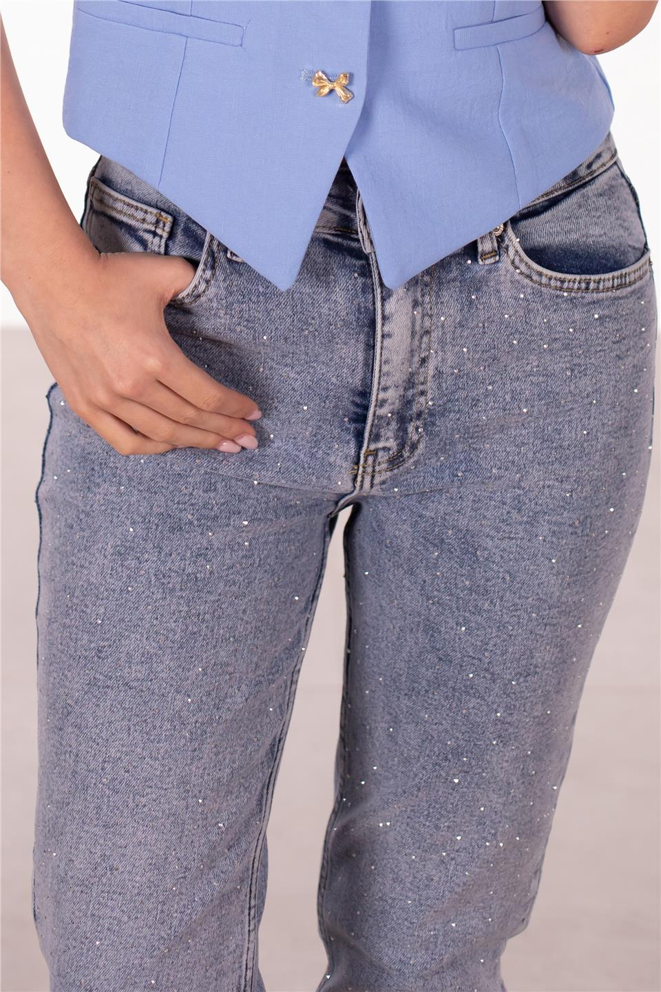 Taşlı likralı mom jean pantolon-5000 Mavi Kar Y.