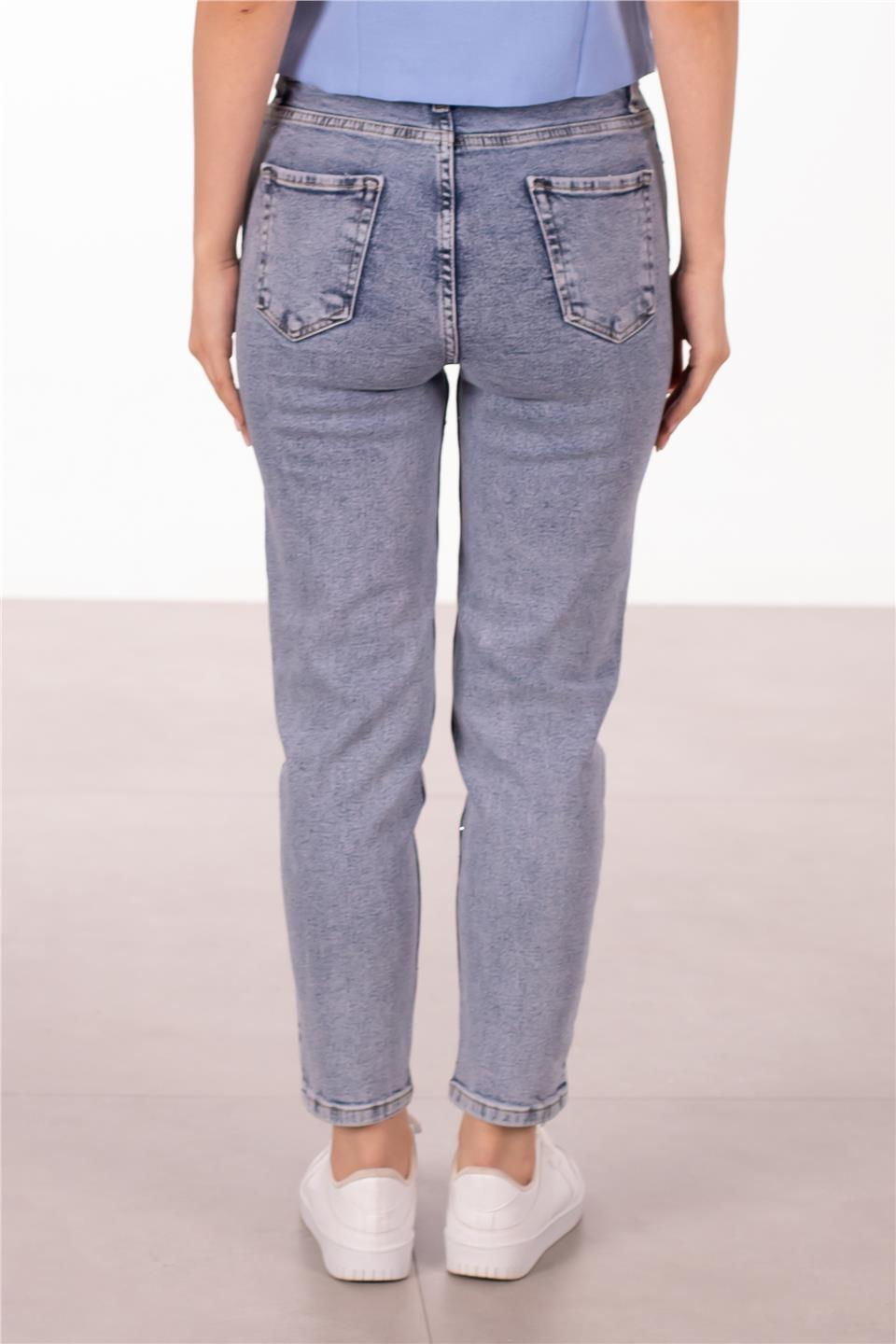 Taşlı likralı mom jean pantolon-5000 Mavi Kar Y.