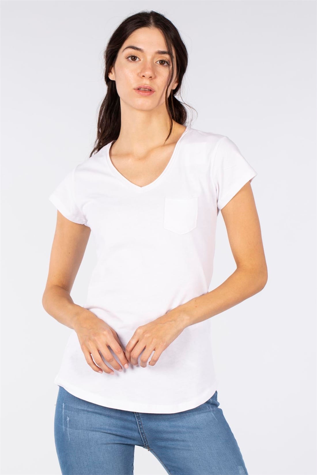 Tek Cepli V Yaka Basic T-Shirt-Beyaz