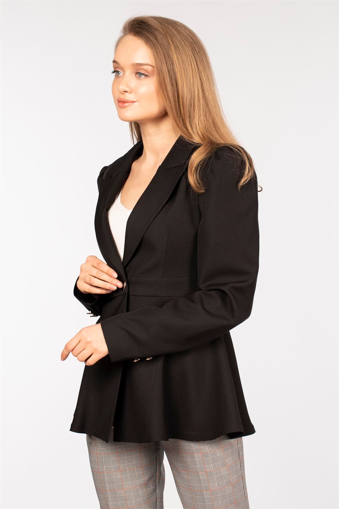 Tek Düğmeli Blazer Ceket-Siyah