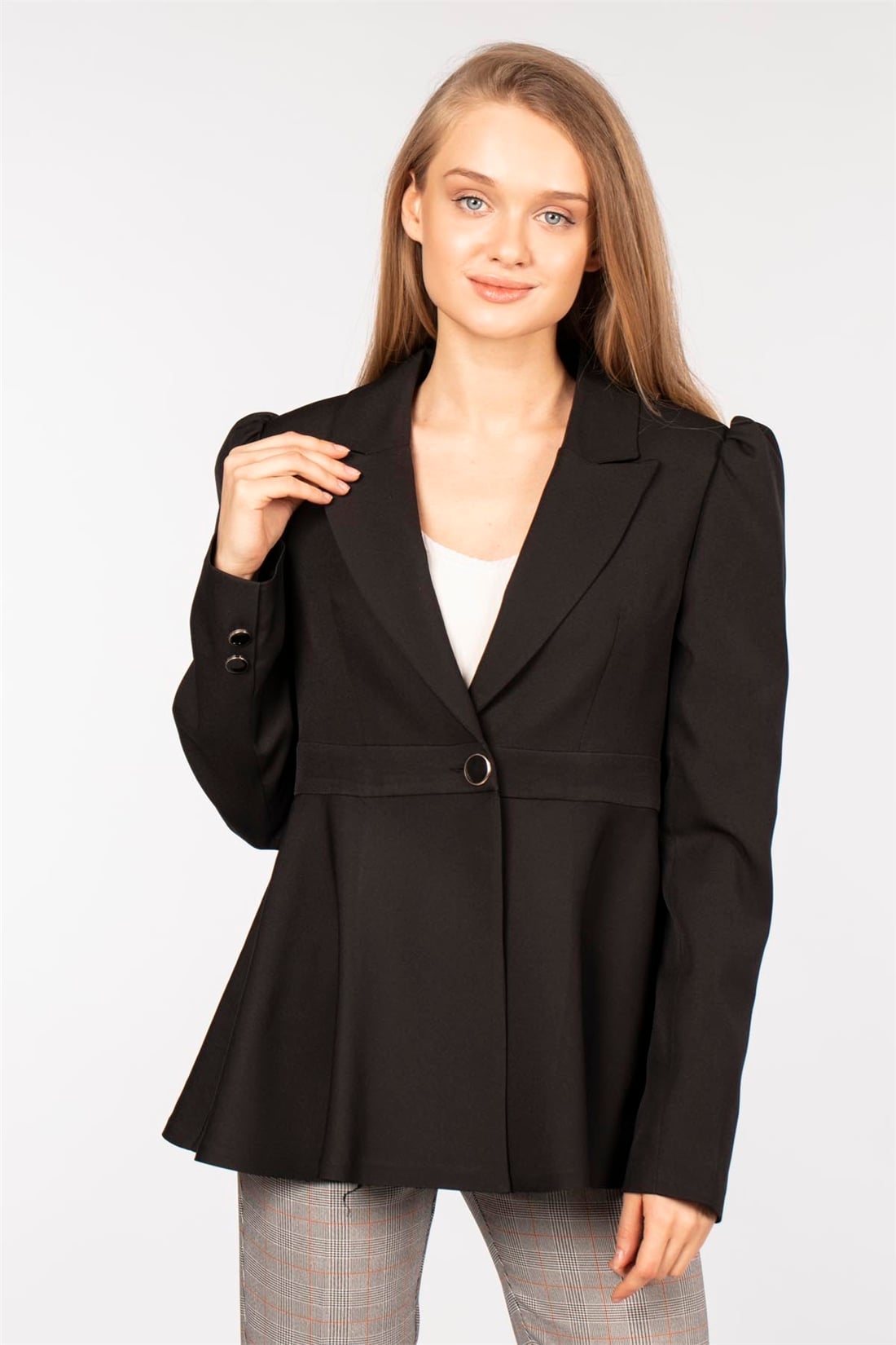 Tek Düğmeli Blazer Ceket-Siyah