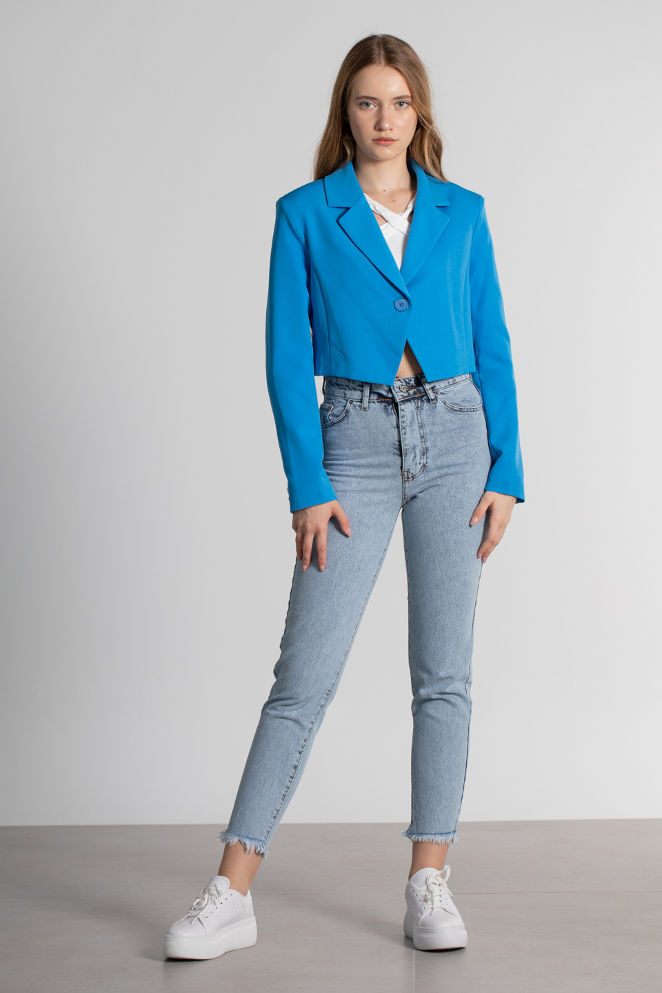 Tek düğmeli crop ceket-4013 Mavi