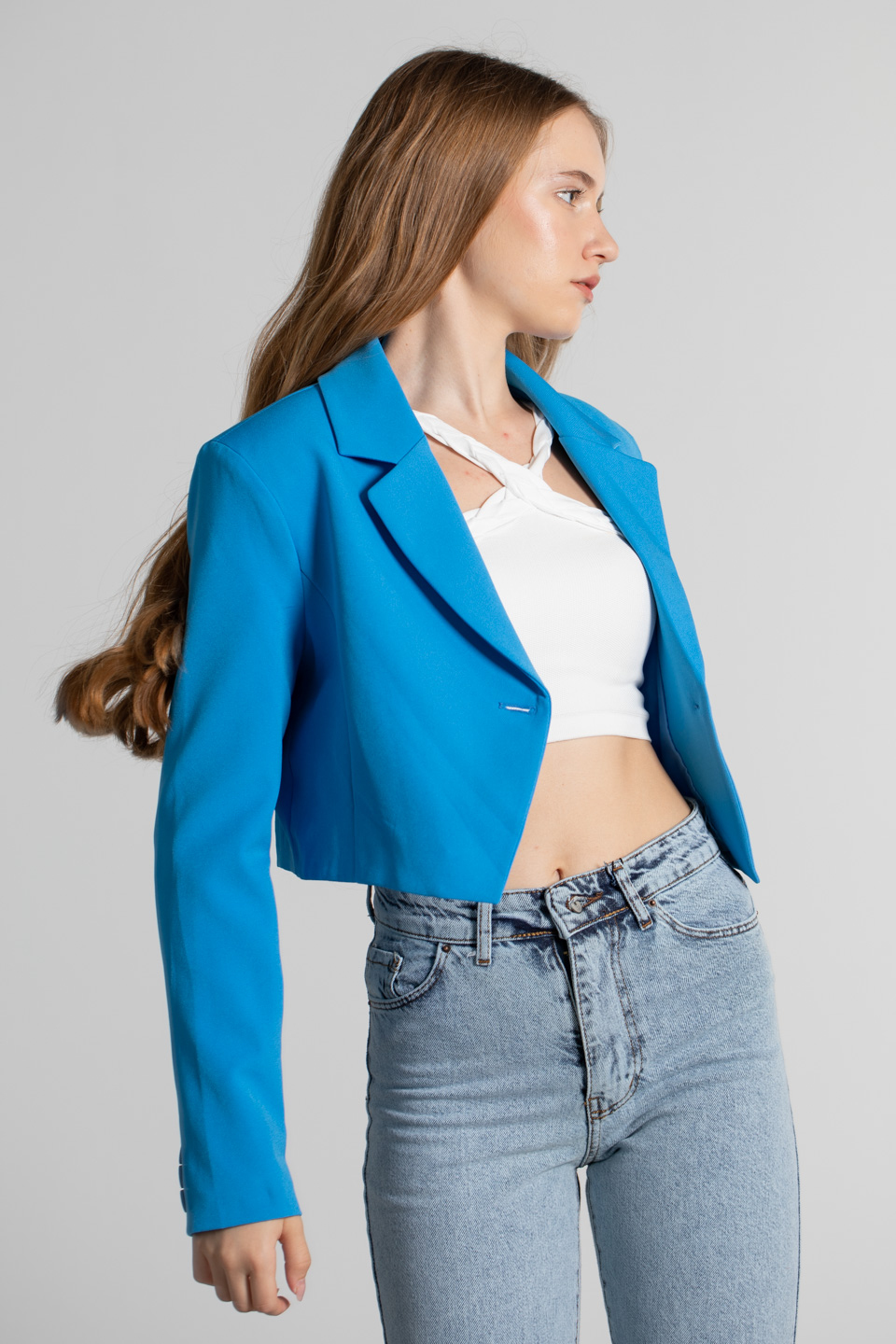 Tek düğmeli crop ceket-4013 Mavi