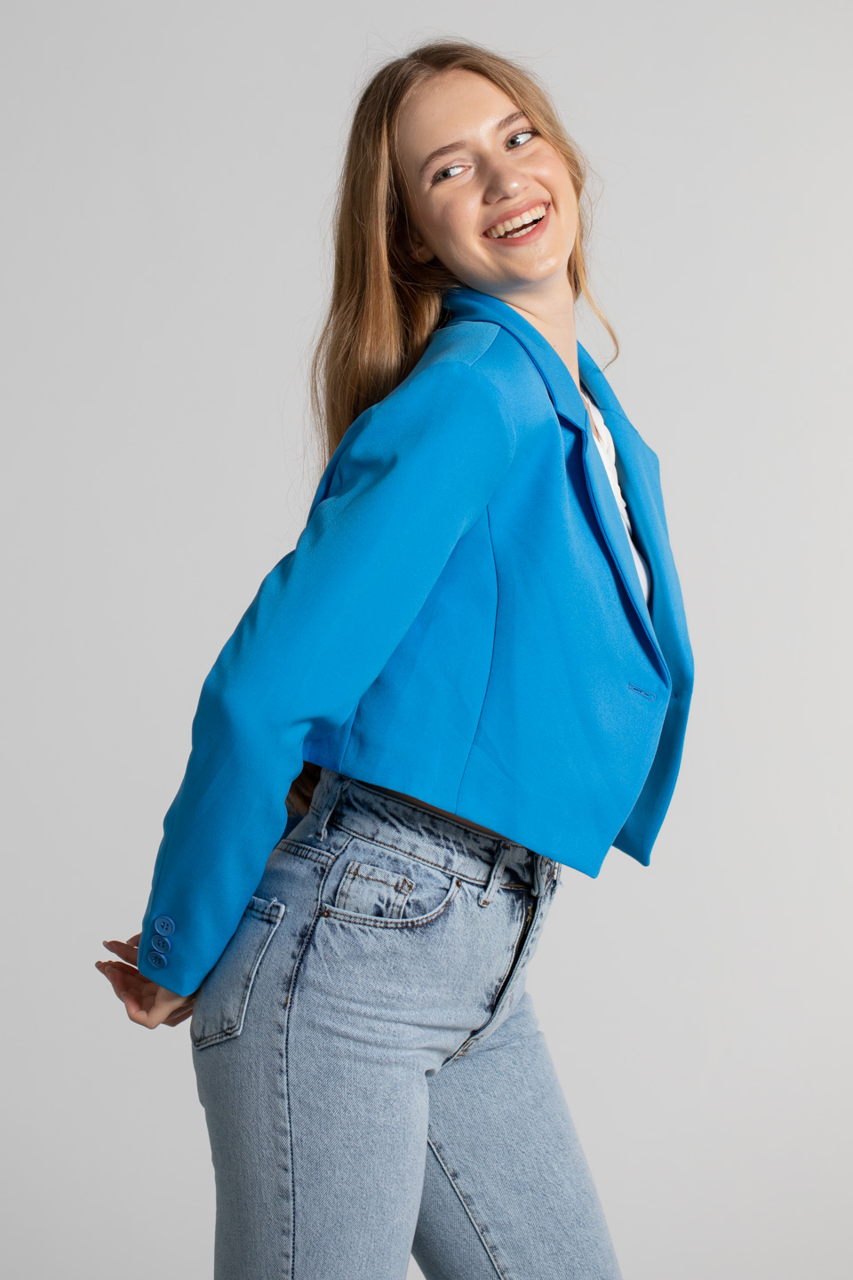 Tek düğmeli crop ceket-4013 Mavi