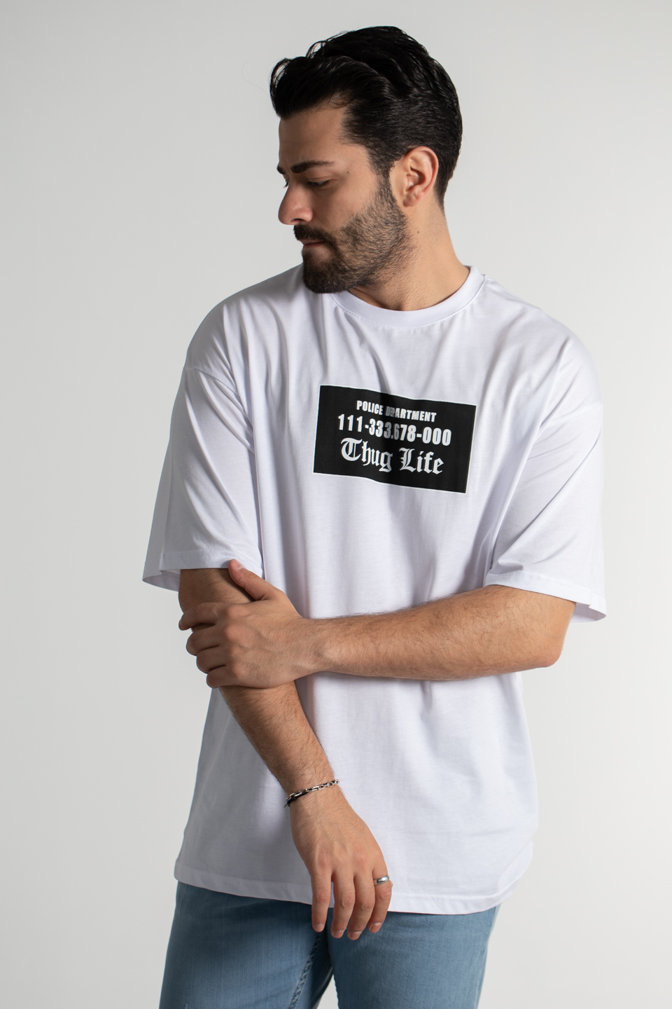 Thug lıfe baskılı oversıze t-shirt-4008 Beyaz