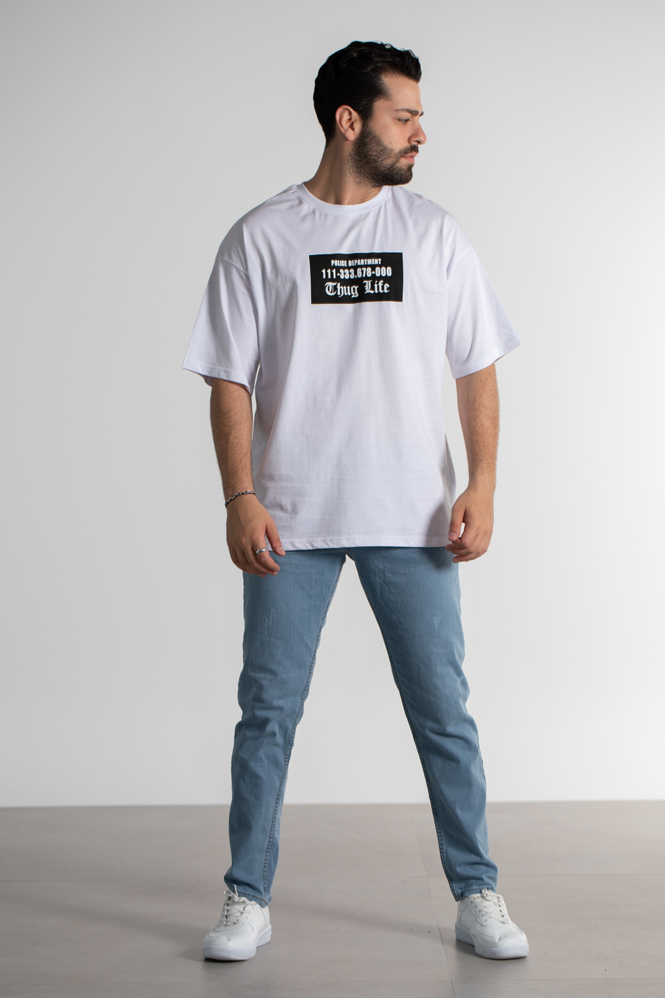 Thug lıfe baskılı oversıze t-shirt-4008 Beyaz