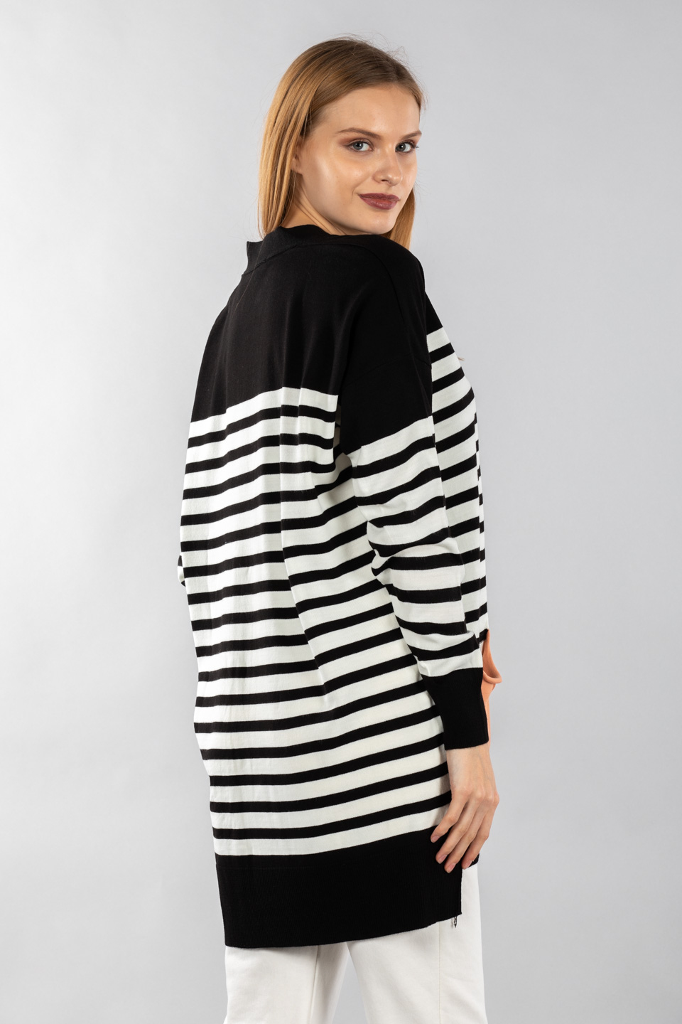 Torba cep düğmeli hırka-14534 Siyah/Yavruağzı