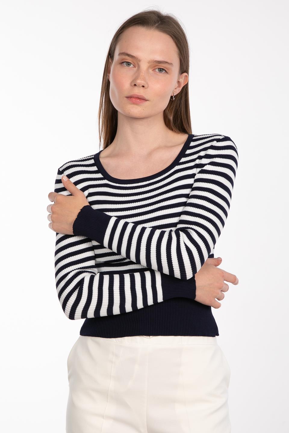 U yaka çizgili body-3073 Lacivert/Beyaz