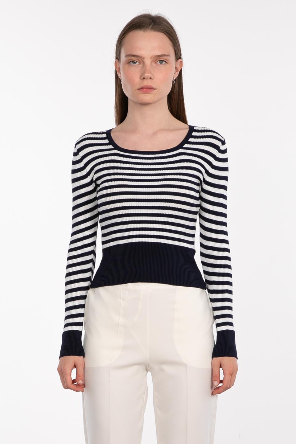 U yaka çizgili body-3073 Lacivert/Beyaz