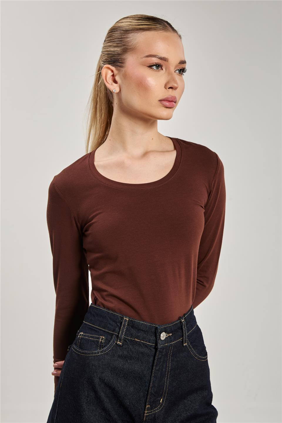 U yaka uzun kol body-K652 Koyu kahve