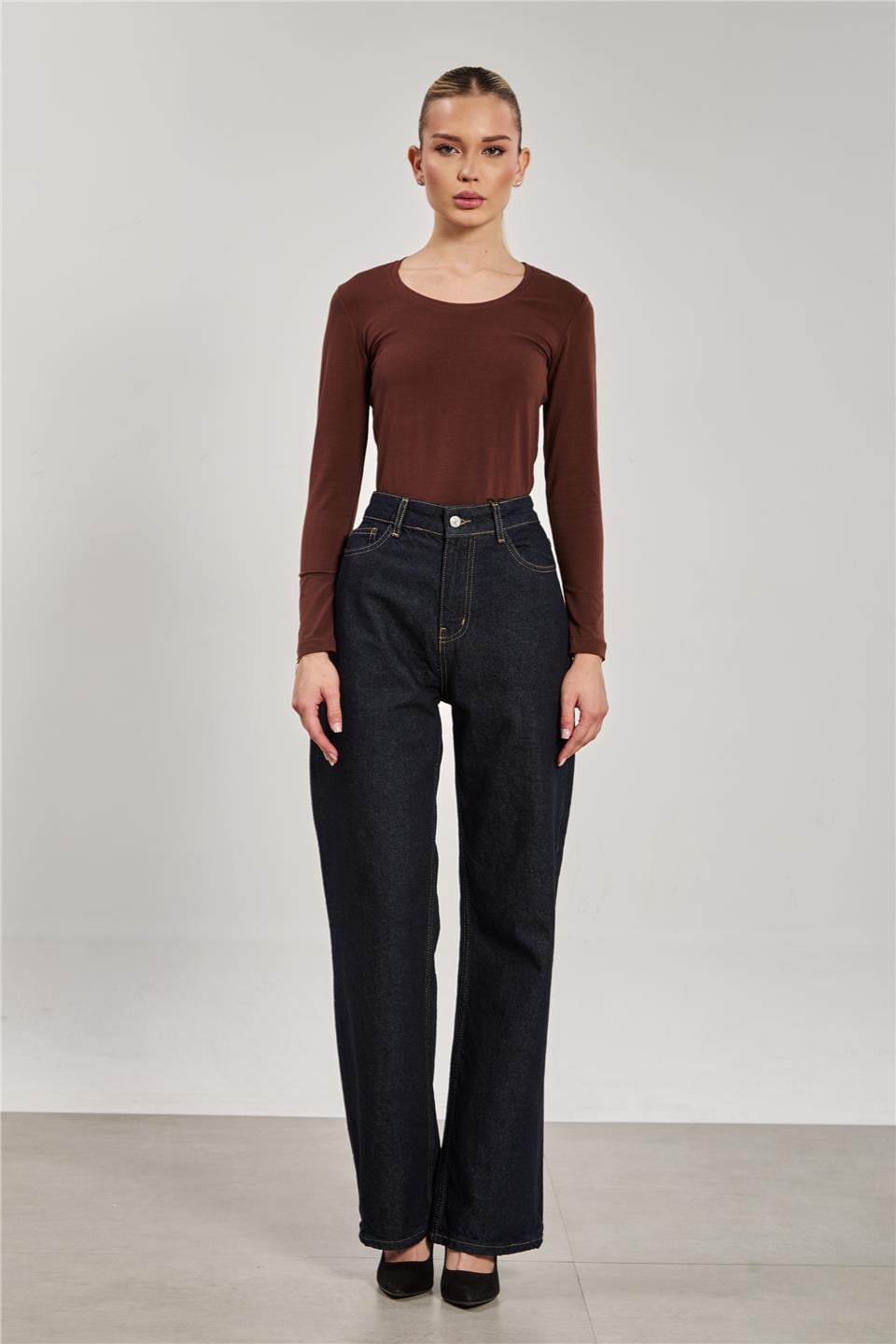 U yaka uzun kol body-K652 Koyu kahve