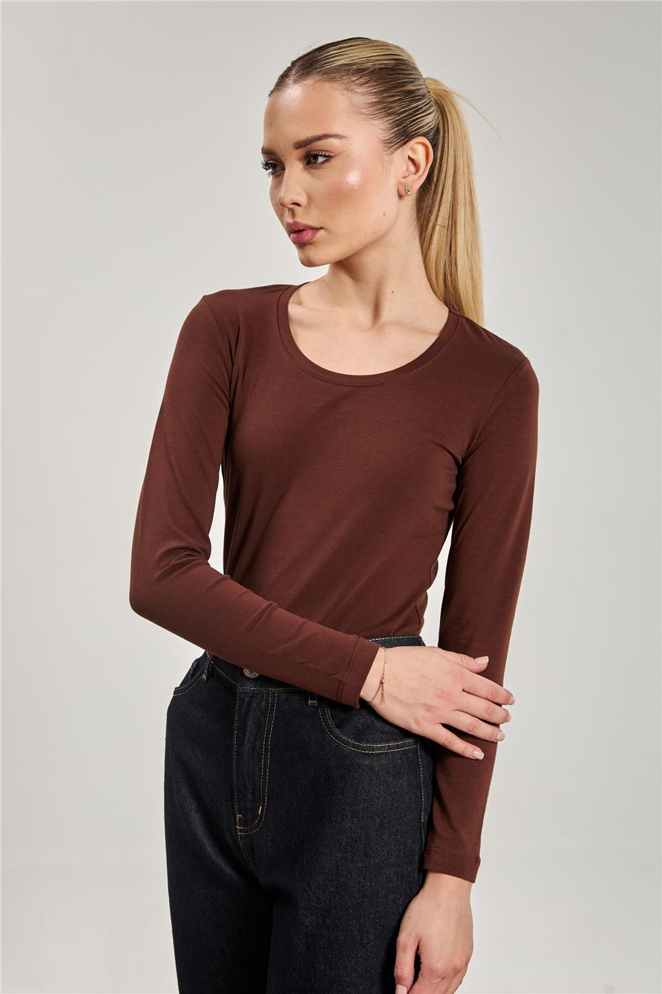 U yaka uzun kol body-K652 Koyu kahve