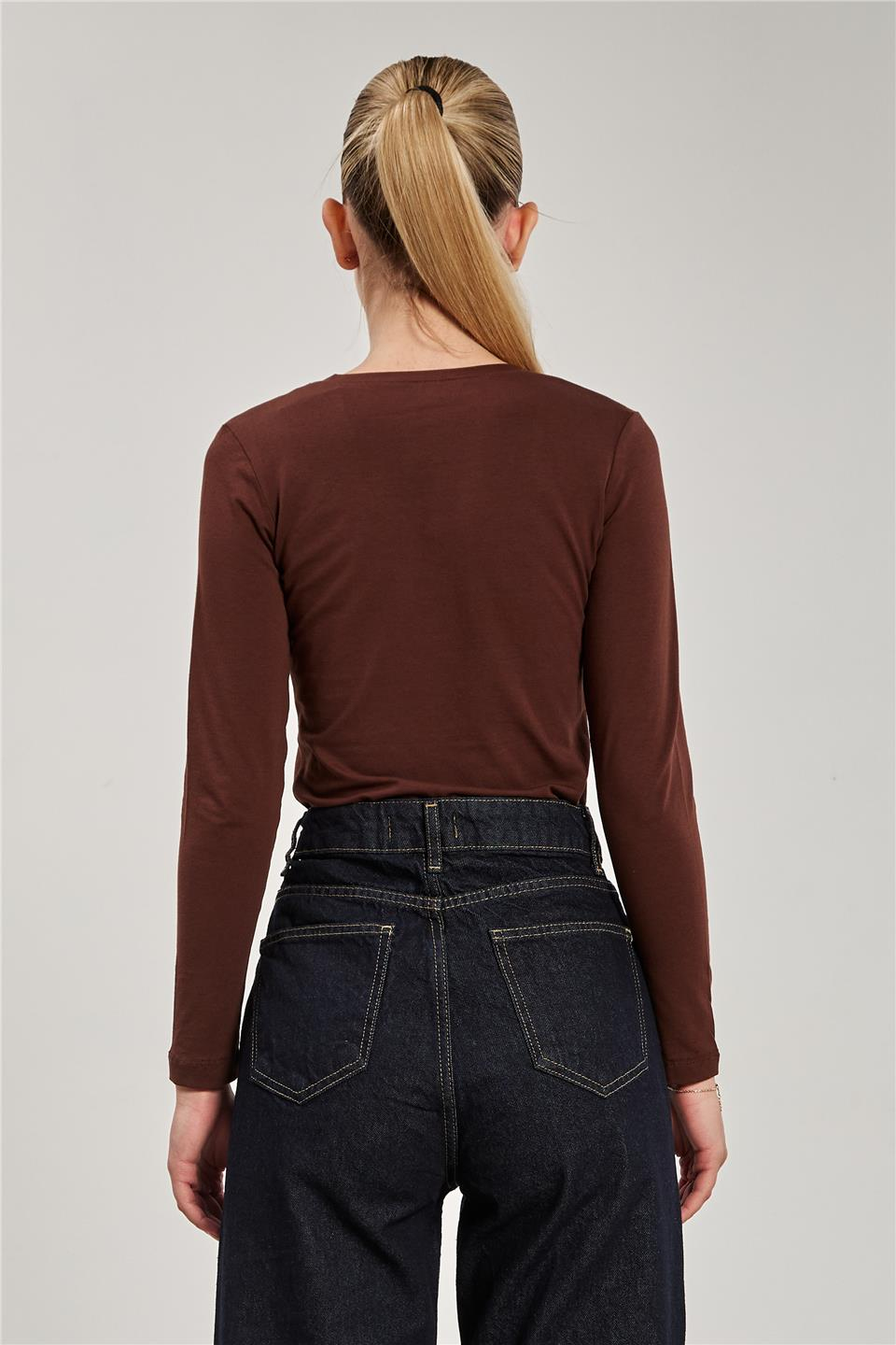 U yaka uzun kol body-K652 Koyu kahve