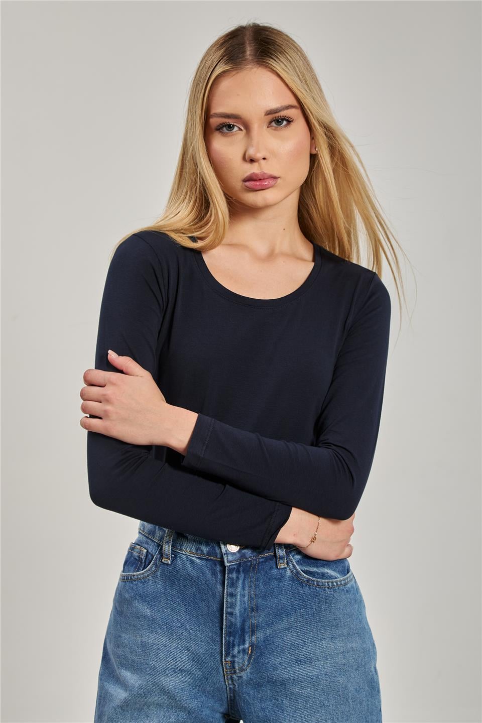 U yaka uzun kol body-K652 Lacivert