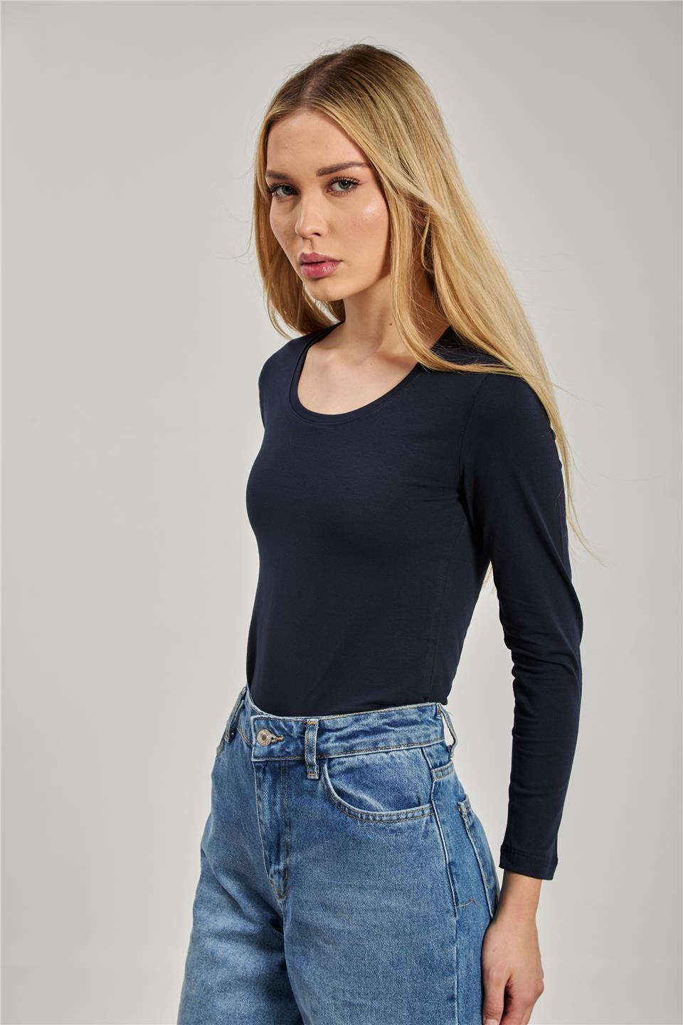 U yaka uzun kol body-K652 Lacivert