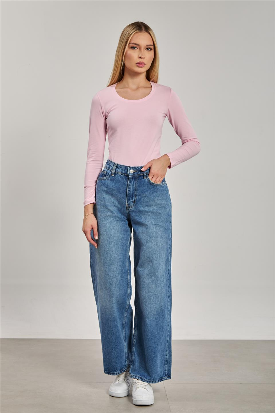 U yaka uzun kol body-K652 Pembe