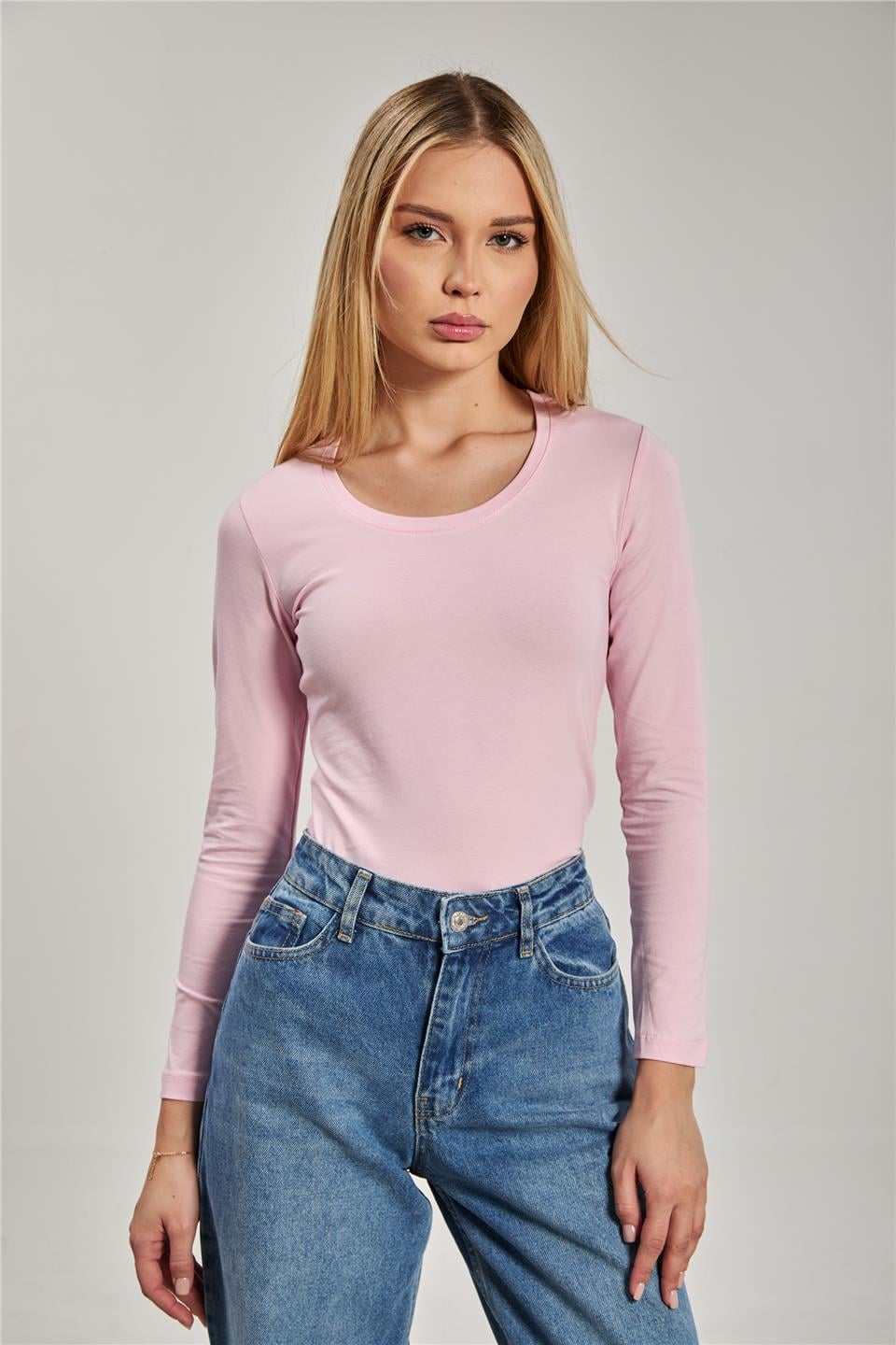 U yaka uzun kol body-K652 Pembe