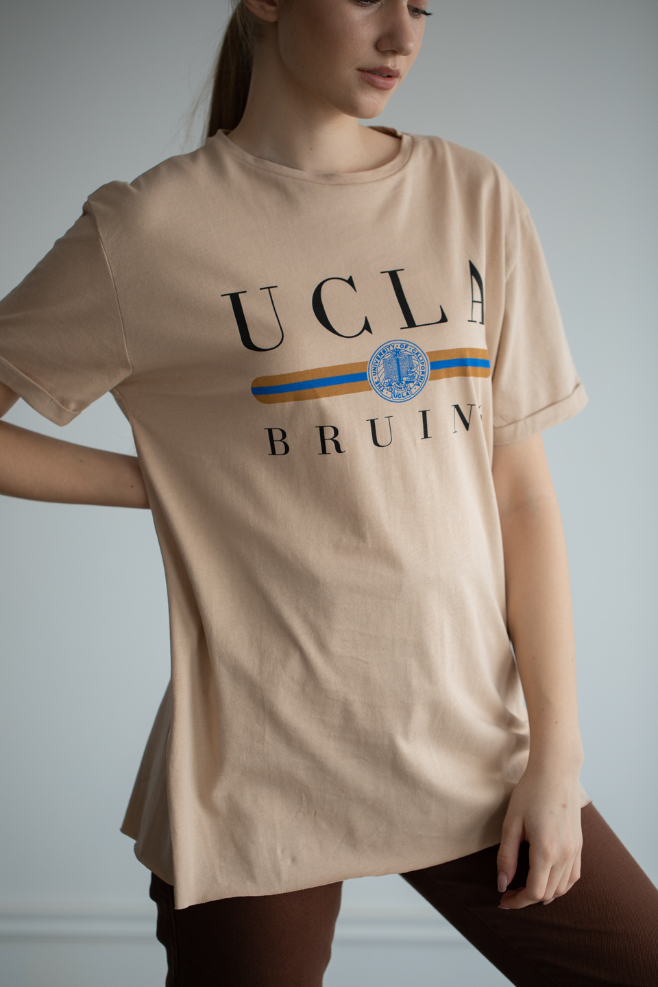 Ucla baskılı oversize t-shirt-1003-1 Bisküvi