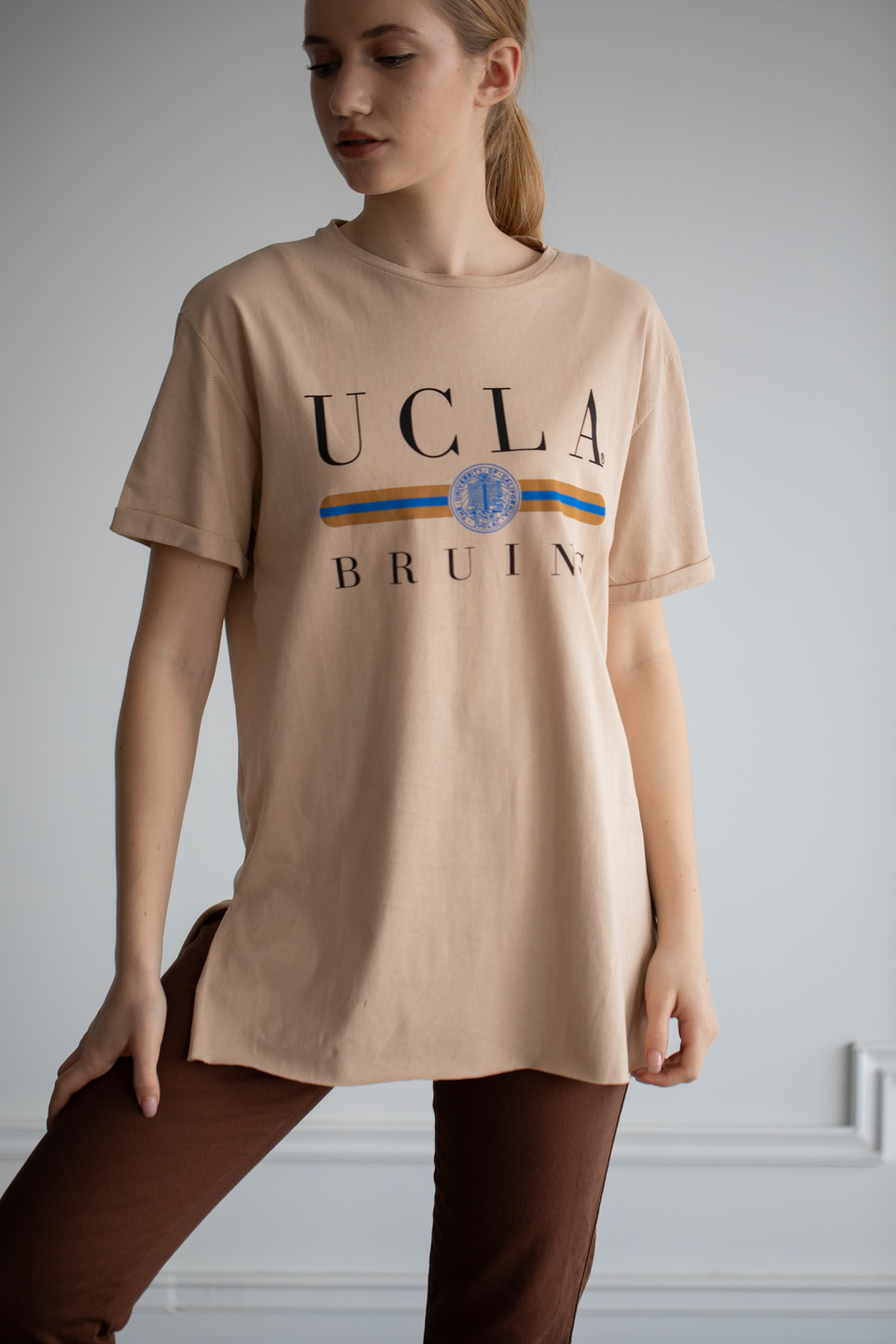 Ucla baskılı oversize t-shirt-1003-1 Bisküvi