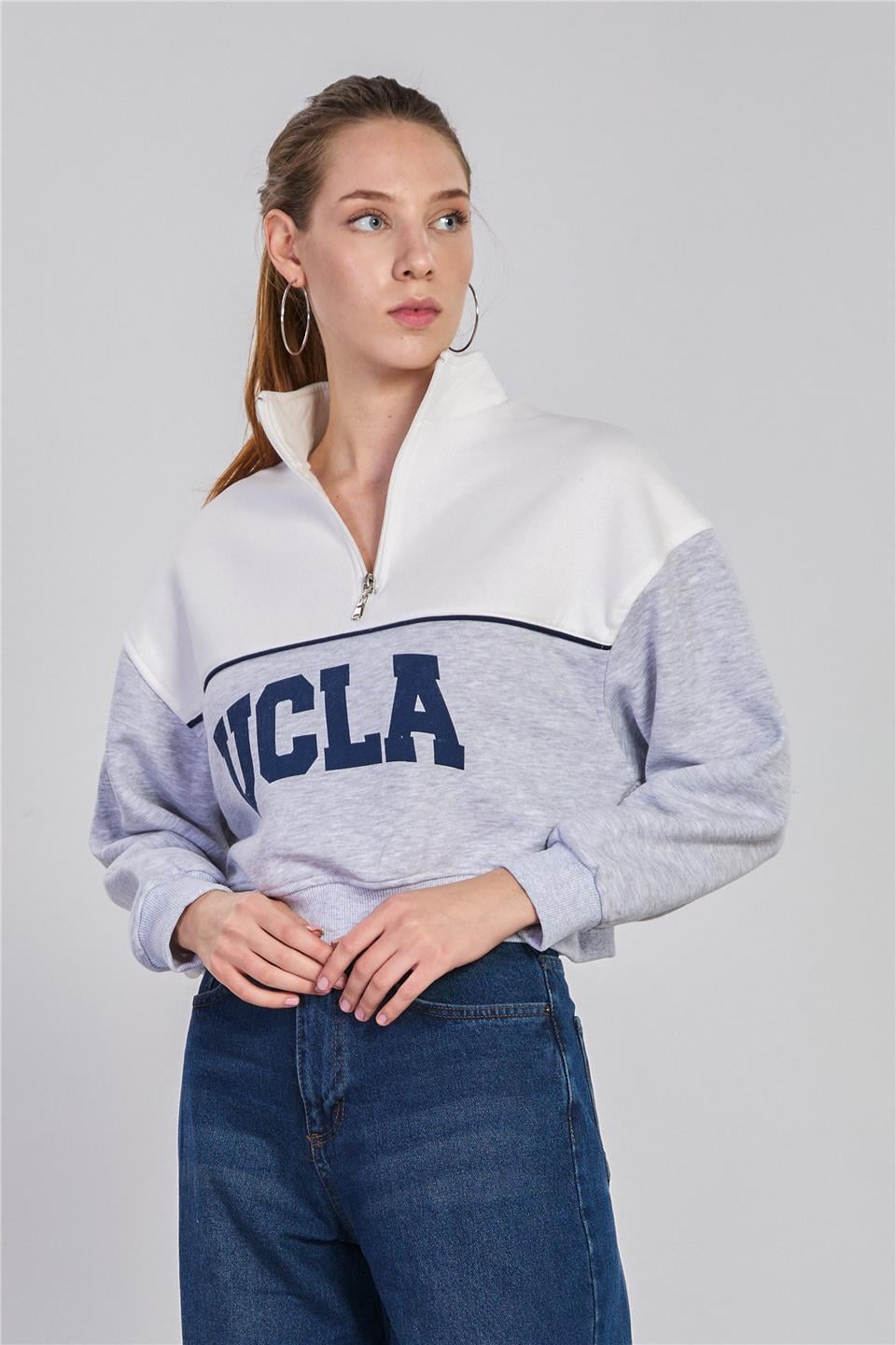 Ucla yazılı garnili sweatshirt-5776 Kar Melanj/Ekru
