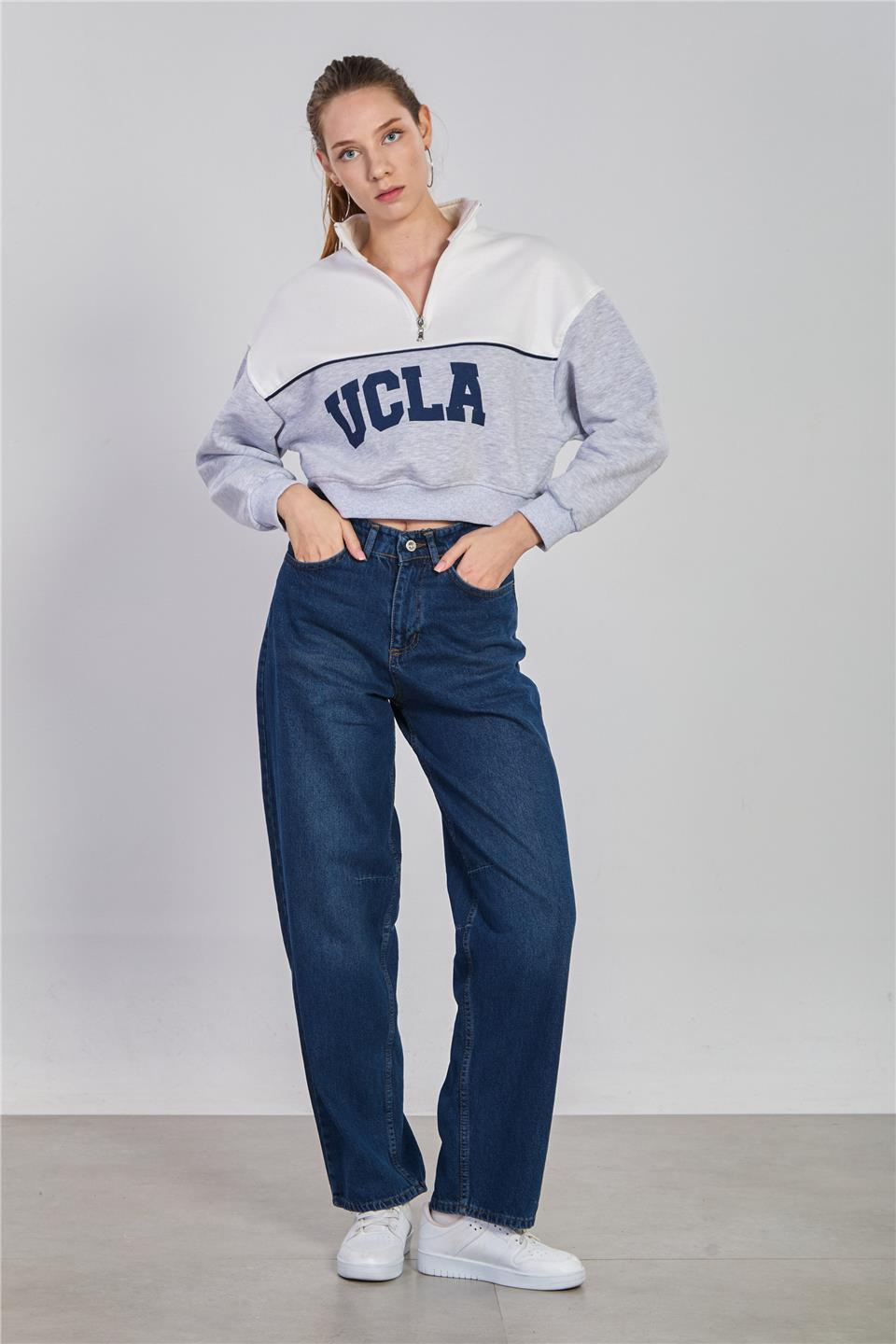 Ucla yazılı garnili sweatshirt-5776 Kar Melanj/Ekru