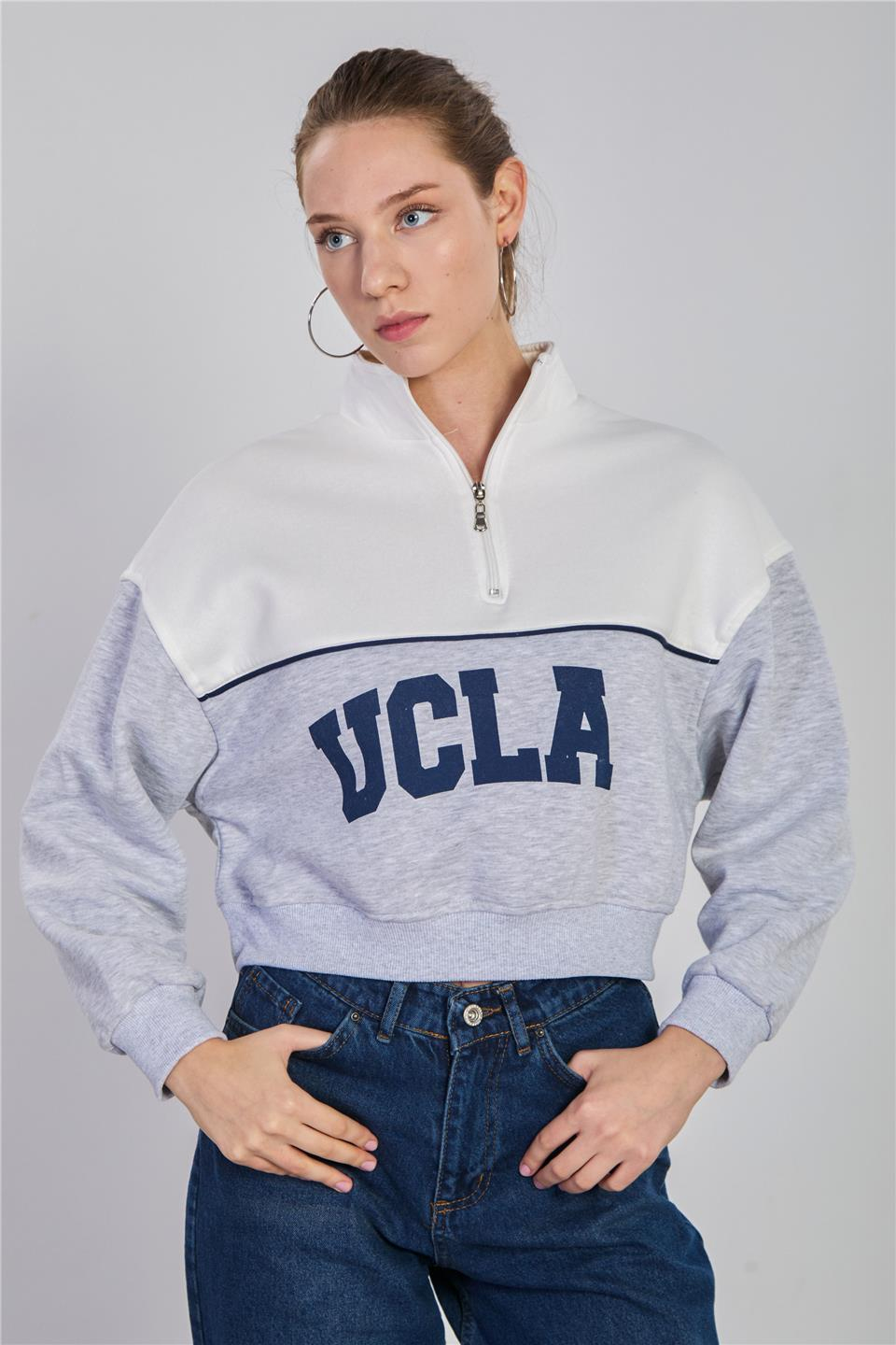 Ucla yazılı garnili sweatshirt-5776 Kar Melanj/Ekru