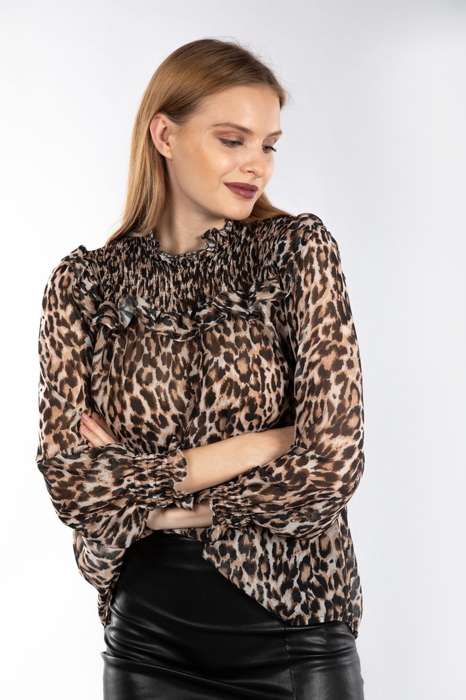 Üstü gipeli şifon bluz-5909 Leopar