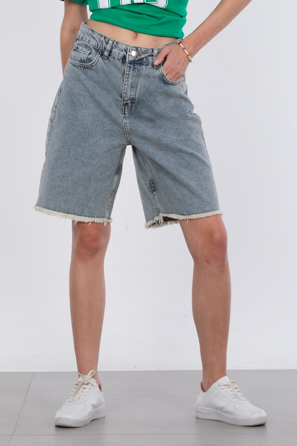 Uzun denim şort-C1002 Mavi