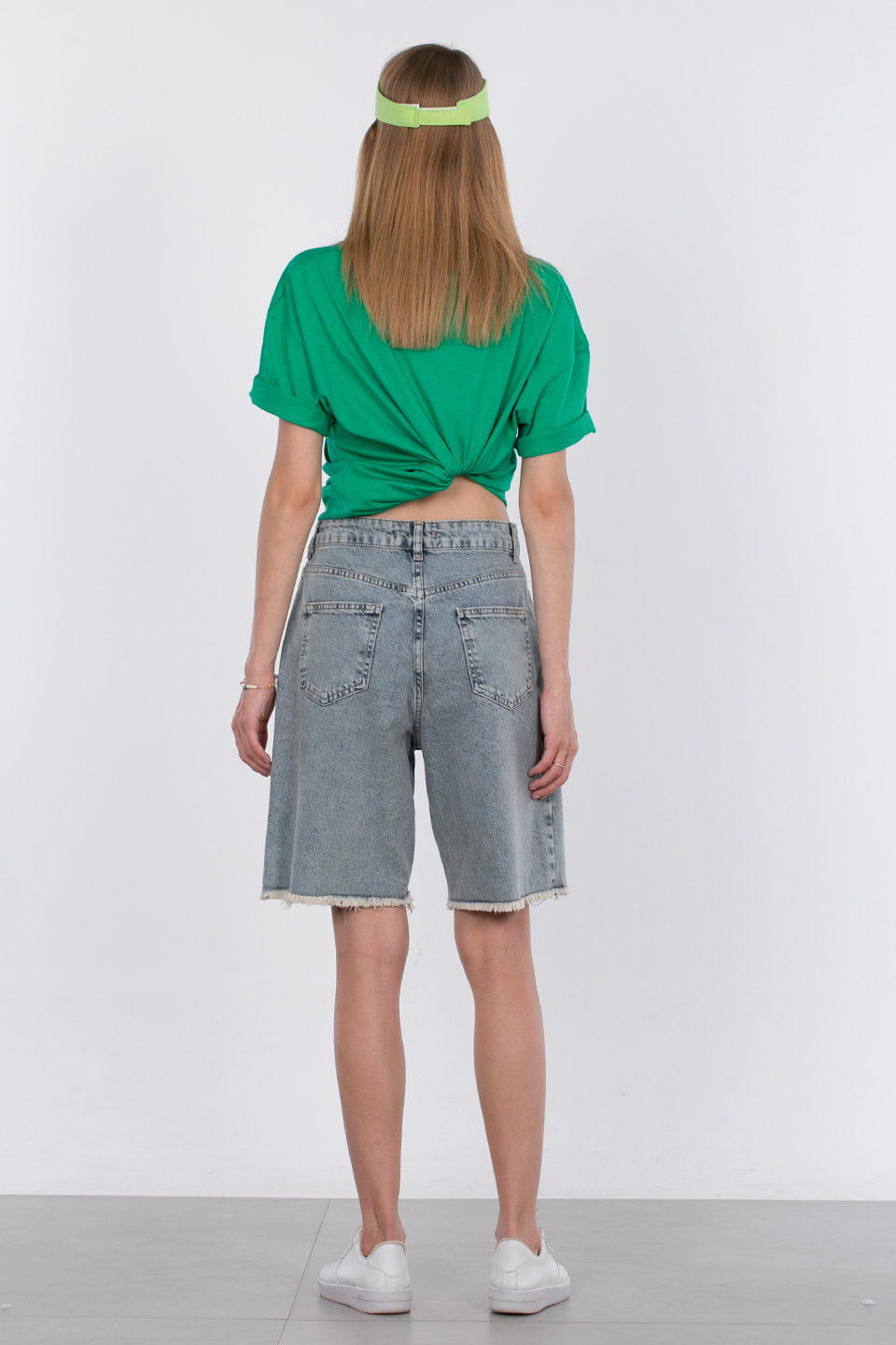Uzun denim şort-C1002 Mavi