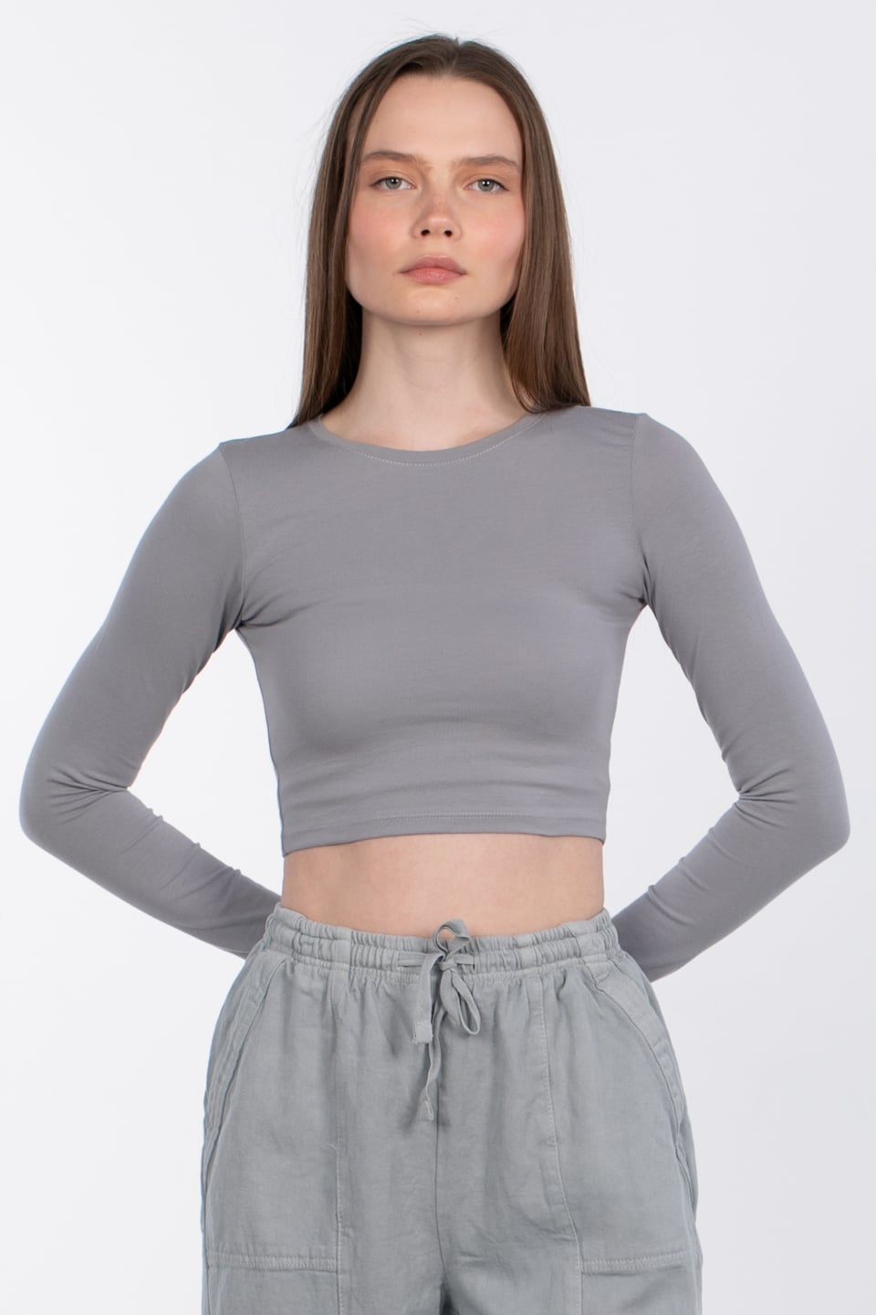 Uzun kol crop body-R990 Gri