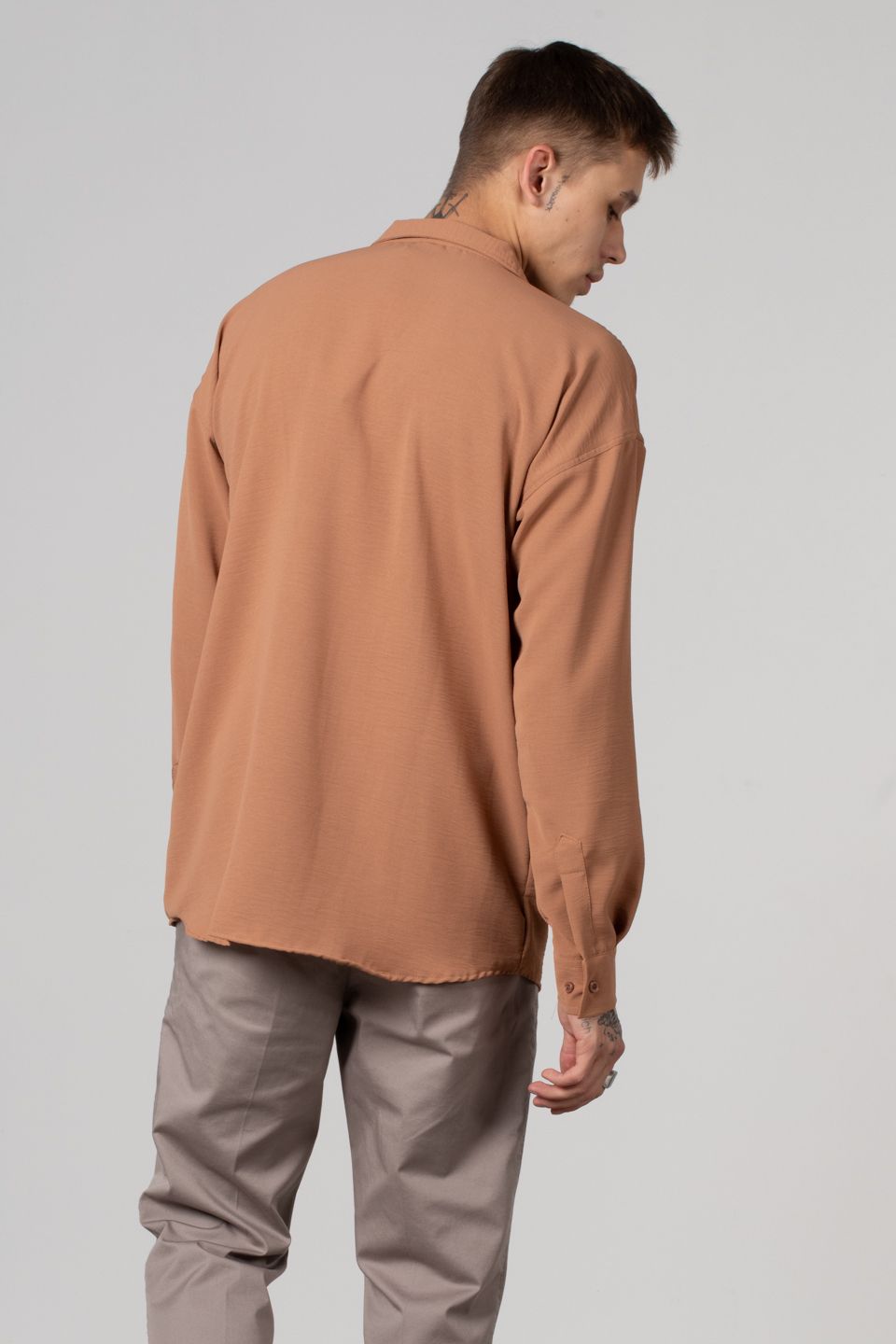 Uzun kollu oversıze gömlek-6016 Taba