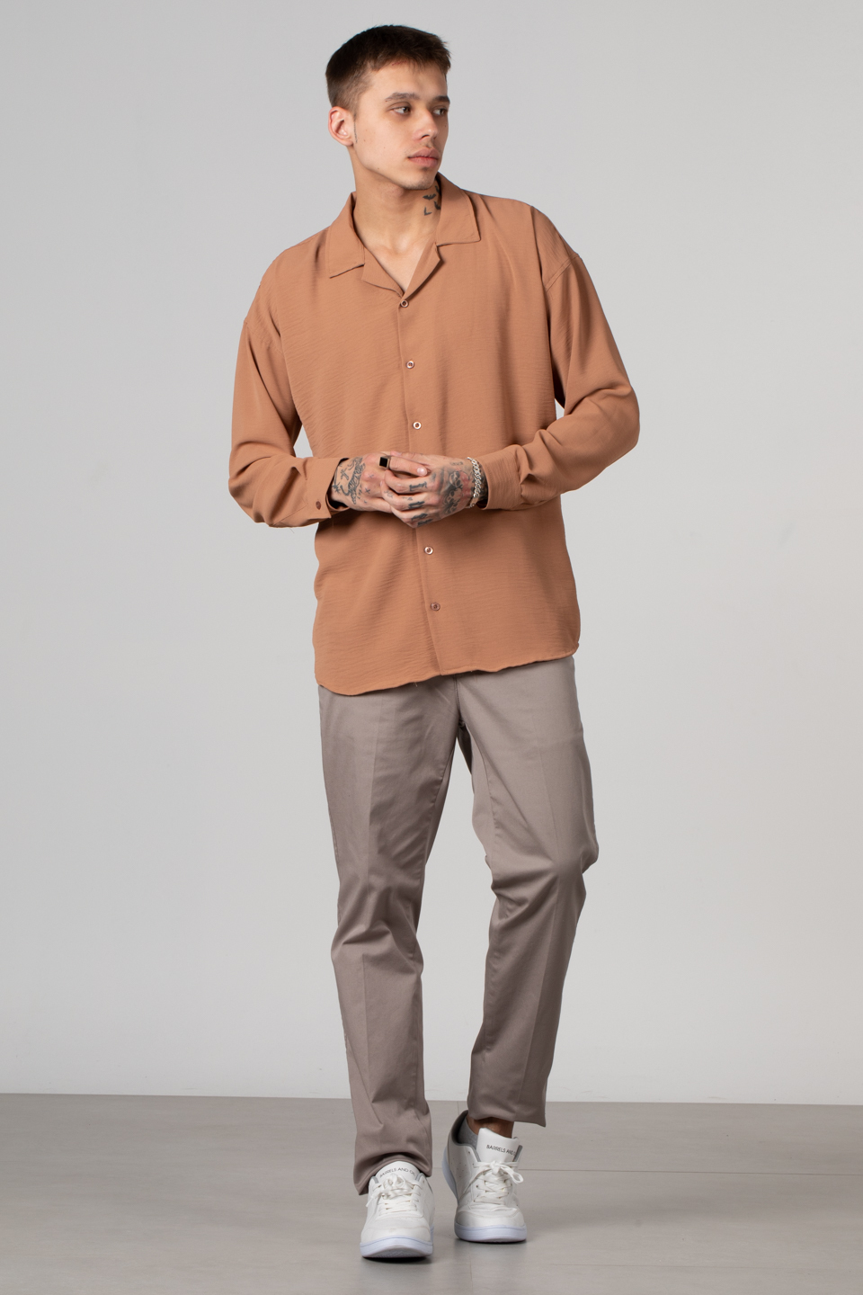 Uzun kollu oversıze gömlek-6016 Taba