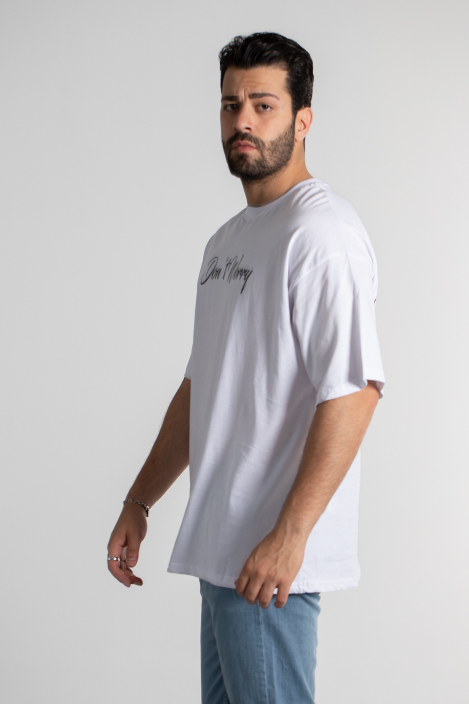 V baskılı oversıze t-shırt-4010 Beyaz