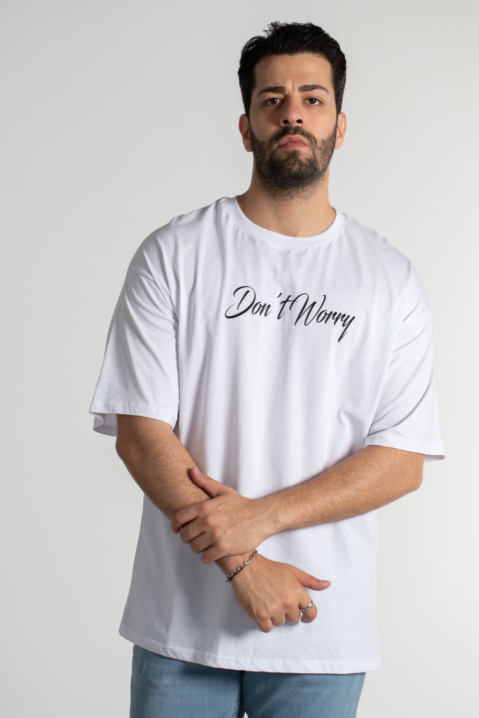 V baskılı oversıze t-shırt-4010 Beyaz