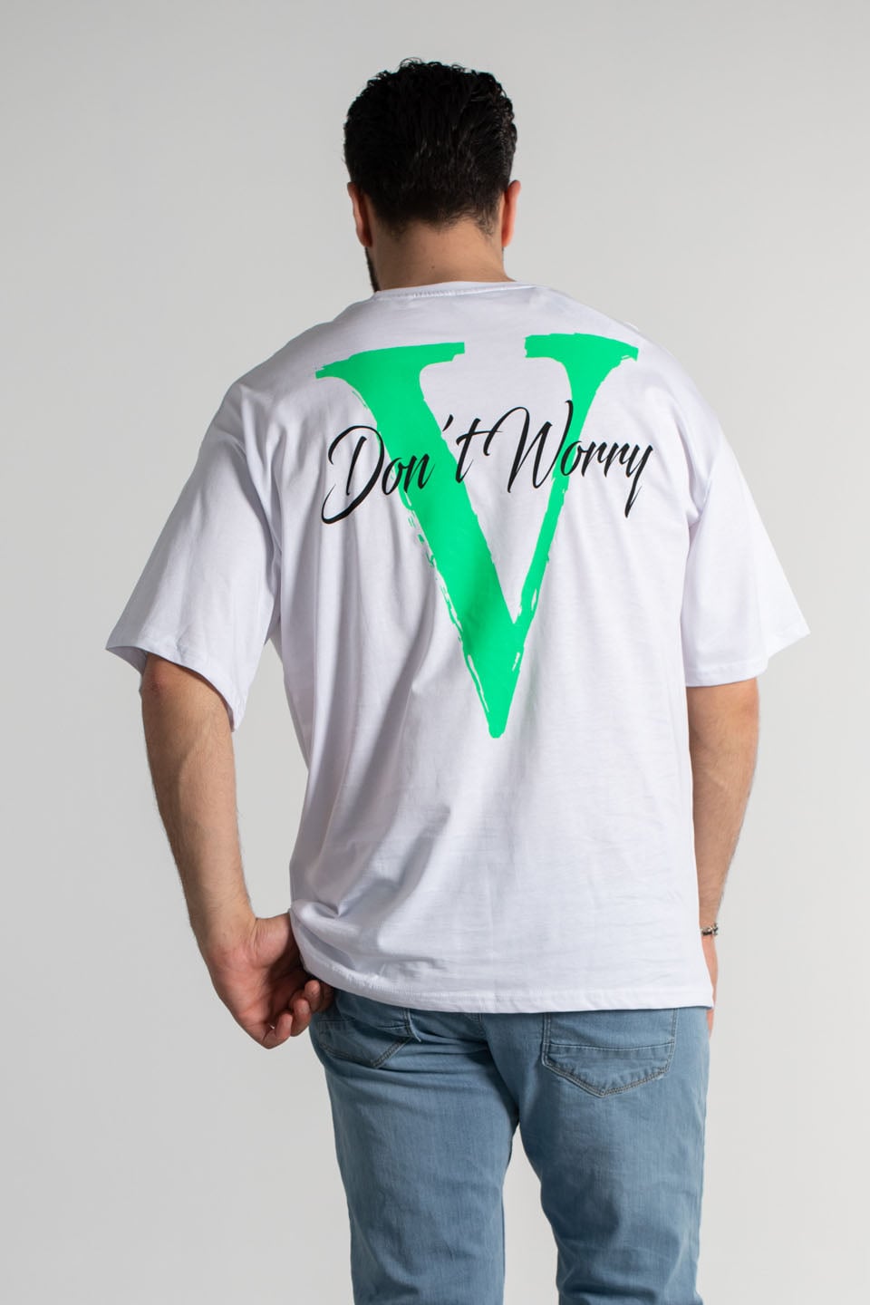 V baskılı oversıze t-shırt-4010 Beyaz