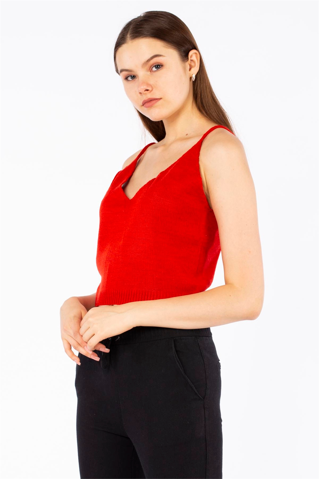 V Yaka Askılı Crop Triko-Kırmızı