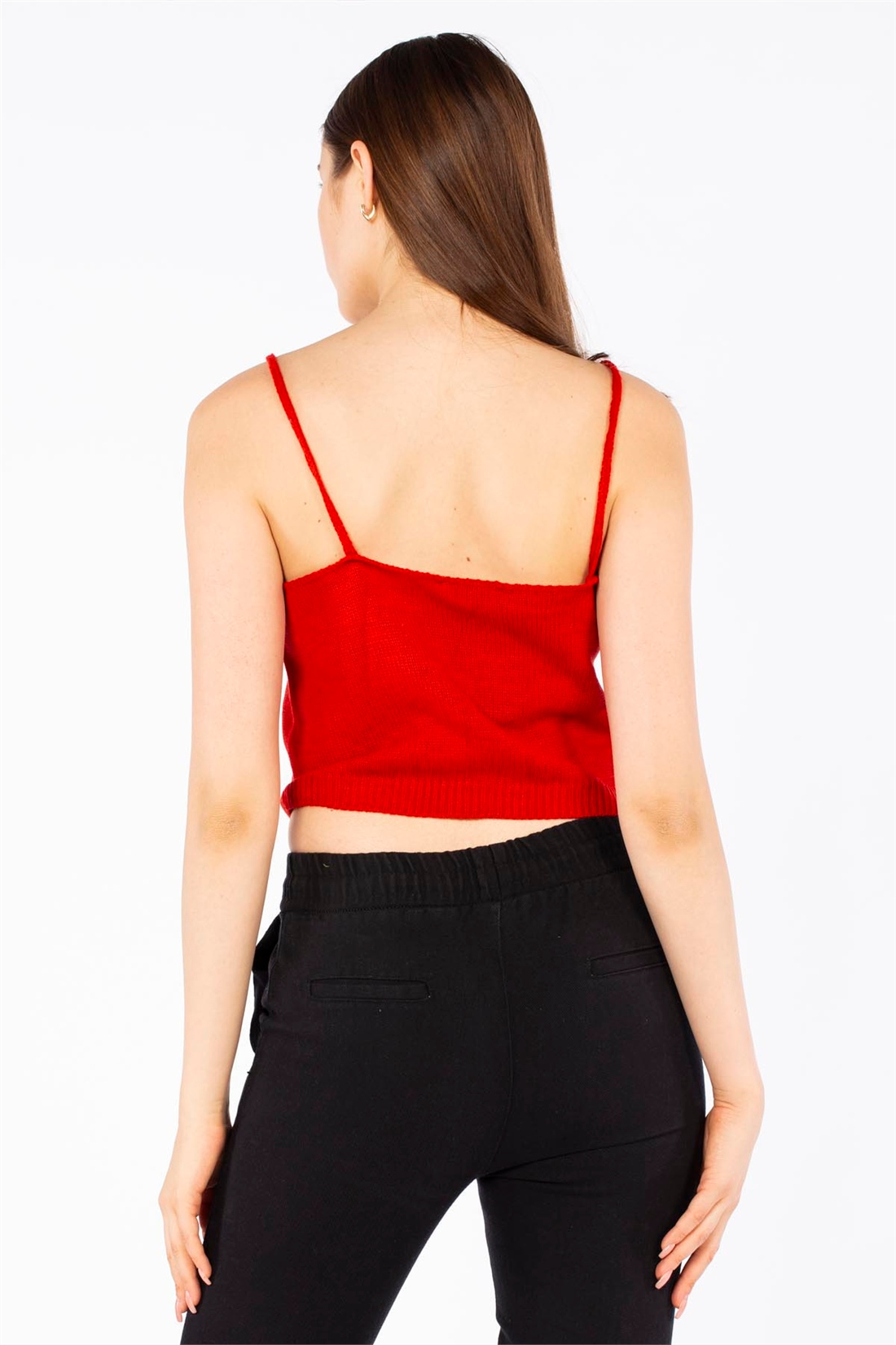 V Yaka Askılı Crop Triko-Kırmızı