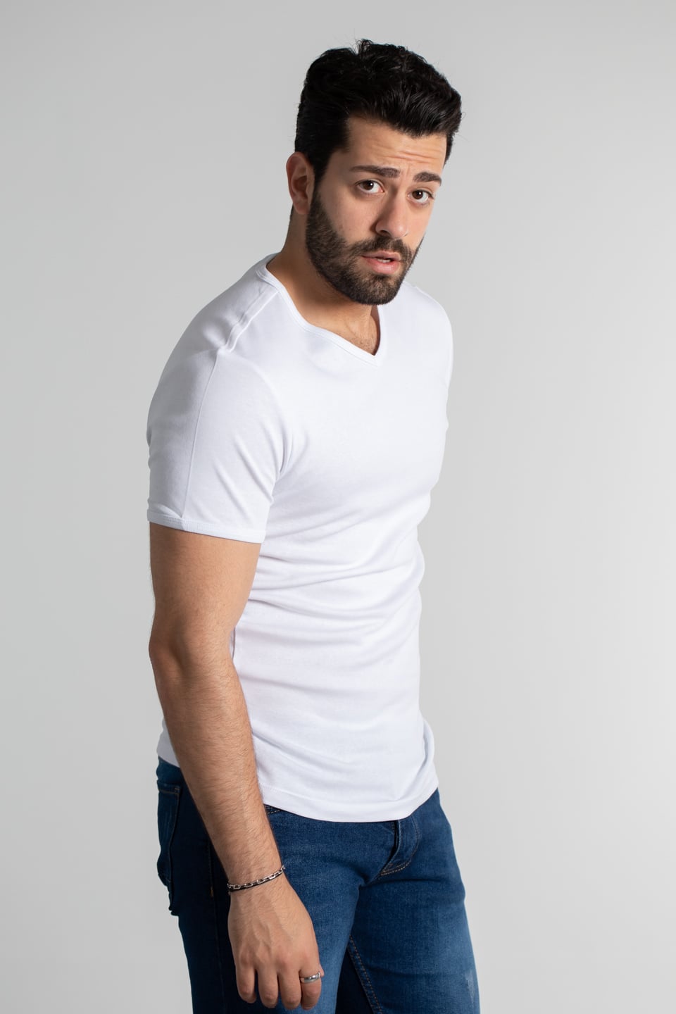 V yaka basıc t-shırt-2144 Beyaz